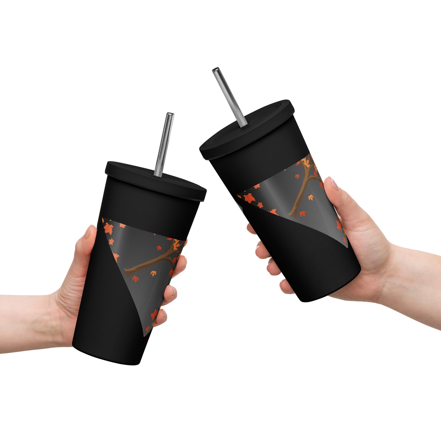 Autumn Stylized Tree with Falling Leaves, CALMNESS DESIGNS, Creative Designer's, Insulated tumbler with a straw
