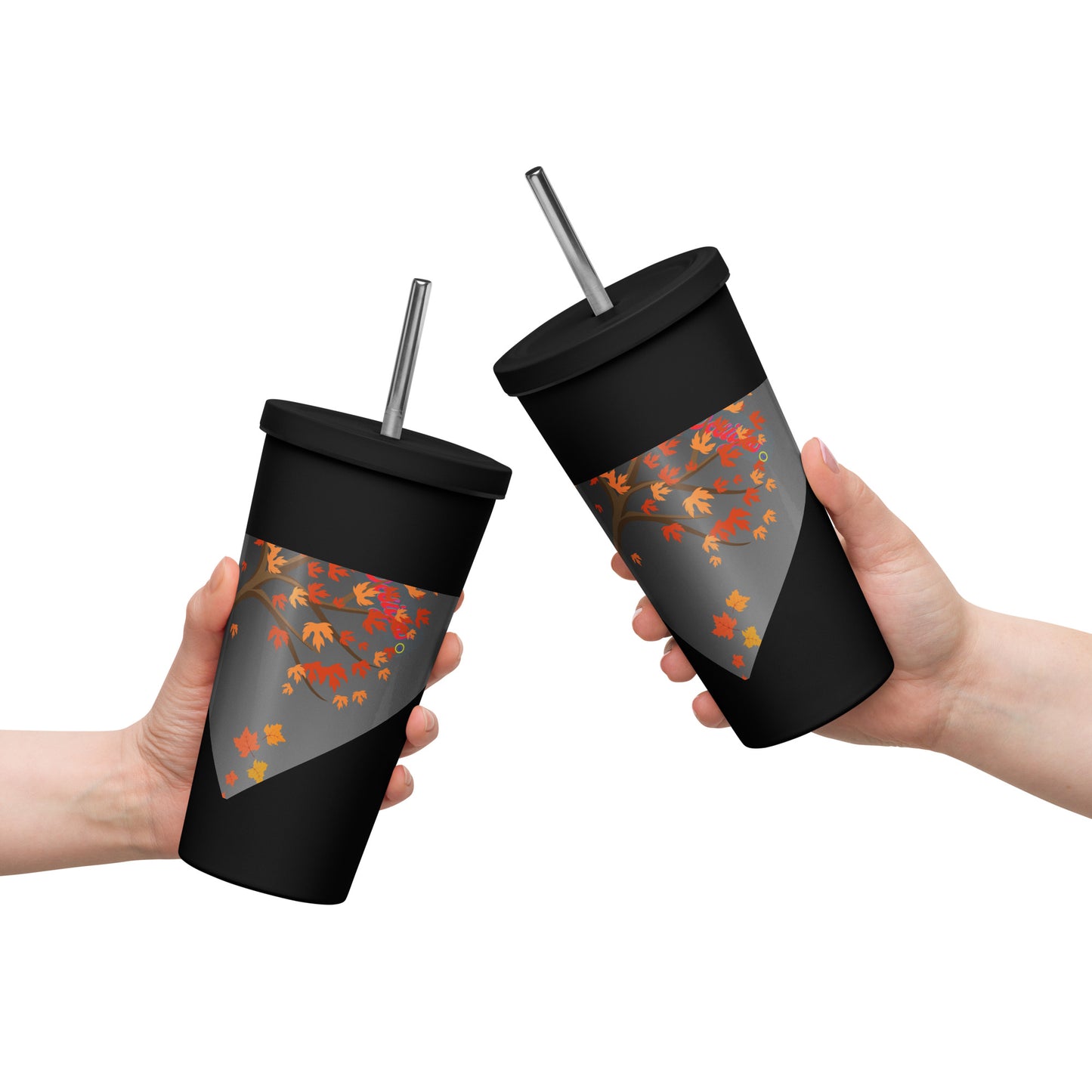 Autumn Stylized Tree with Falling Leaves, CALMNESS DESIGNS, Creative Designer's, Insulated tumbler with a straw
