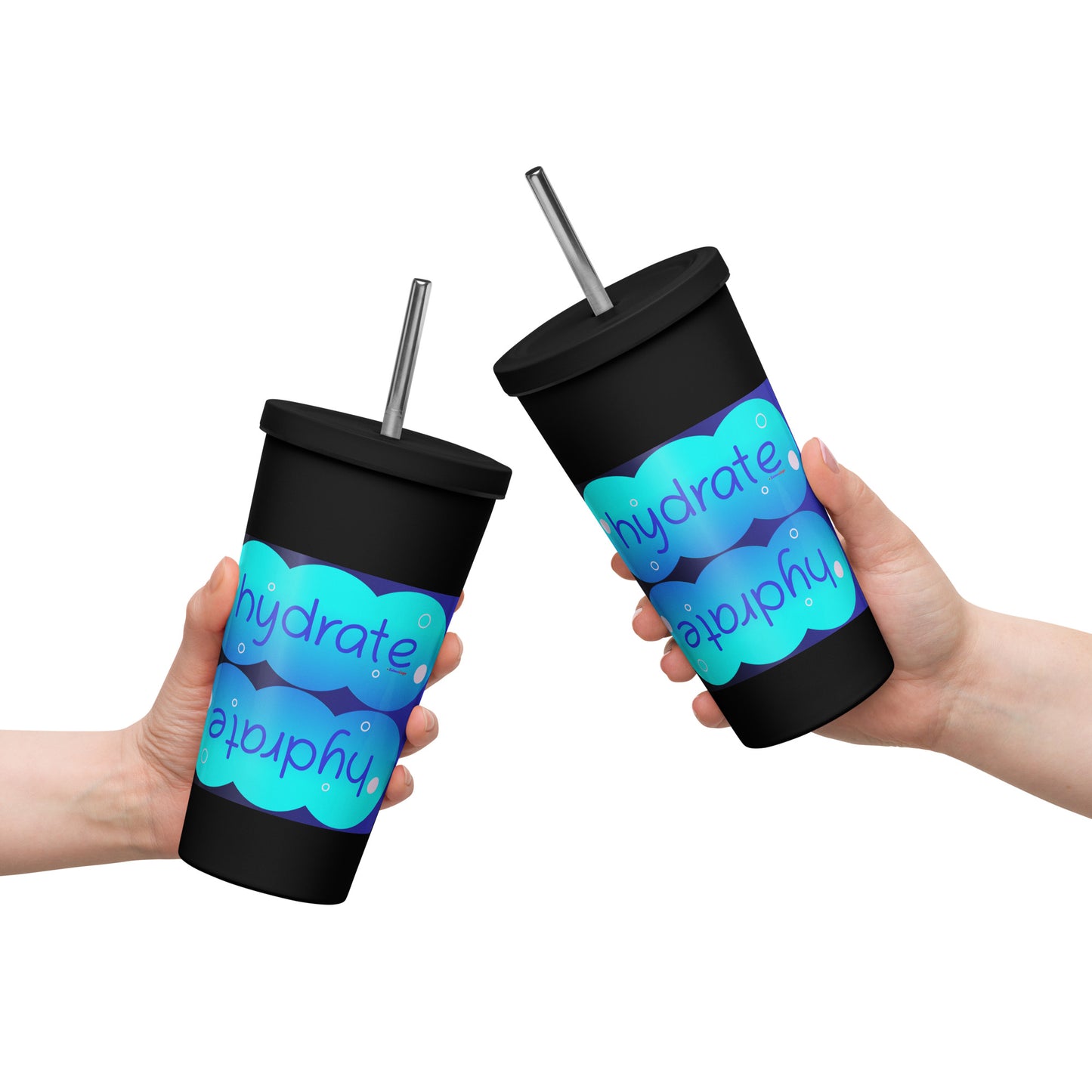Elevated Cartoony HYDRATE, CALMNESS DESIGNS, Creative Designer's, Insulated tumbler with a straw