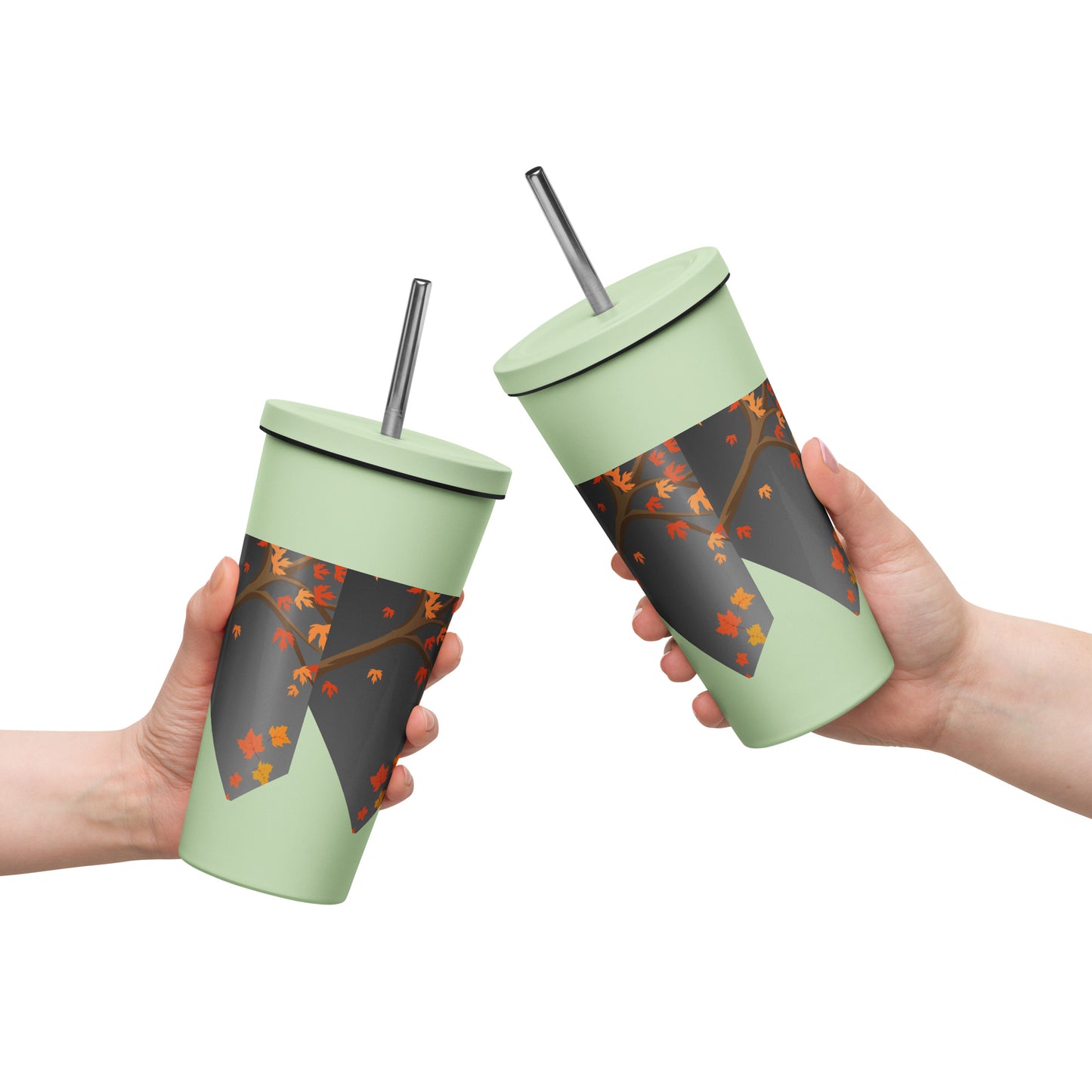 Autumn Stylized Tree with Falling Leaves, CALMNESS DESIGNS, Creative Designer's, Insulated tumbler with a straw