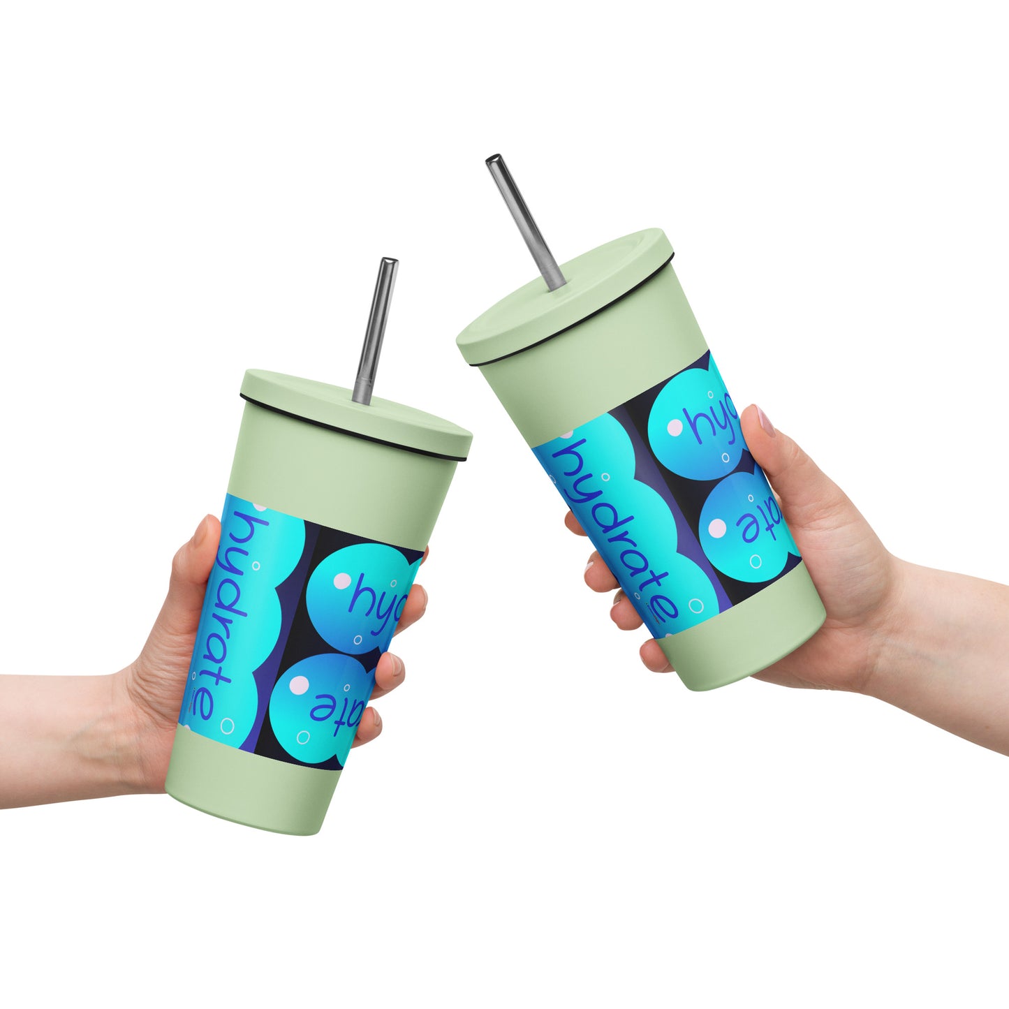 Elevated Cartoony HYDRATE, CALMNESS DESIGNS, Creative Designer's, Insulated tumbler with a straw