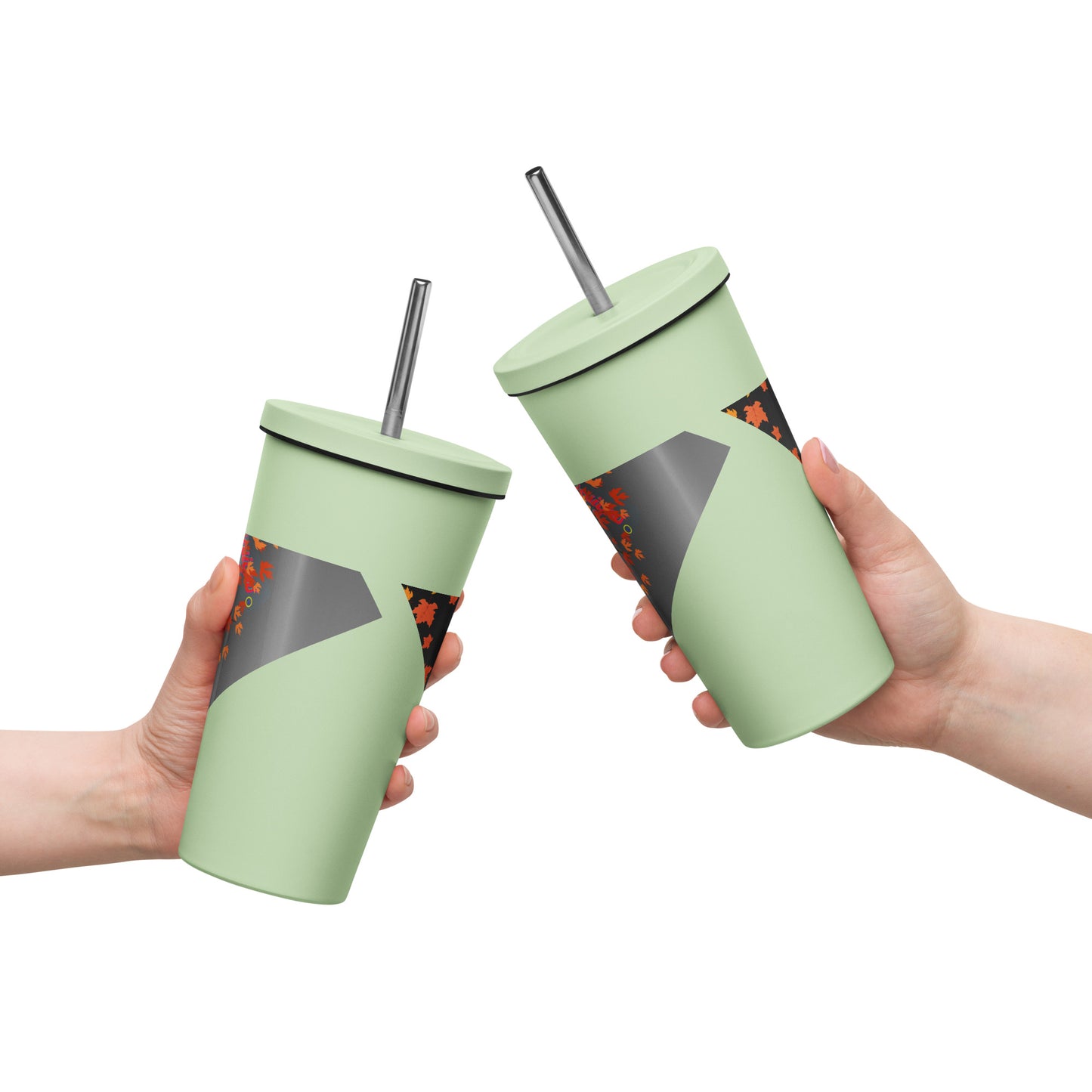 Autumn Stylized Tree with Falling Leaves, CALMNESS DESIGNS, Creative Designer's, Insulated tumbler with a straw