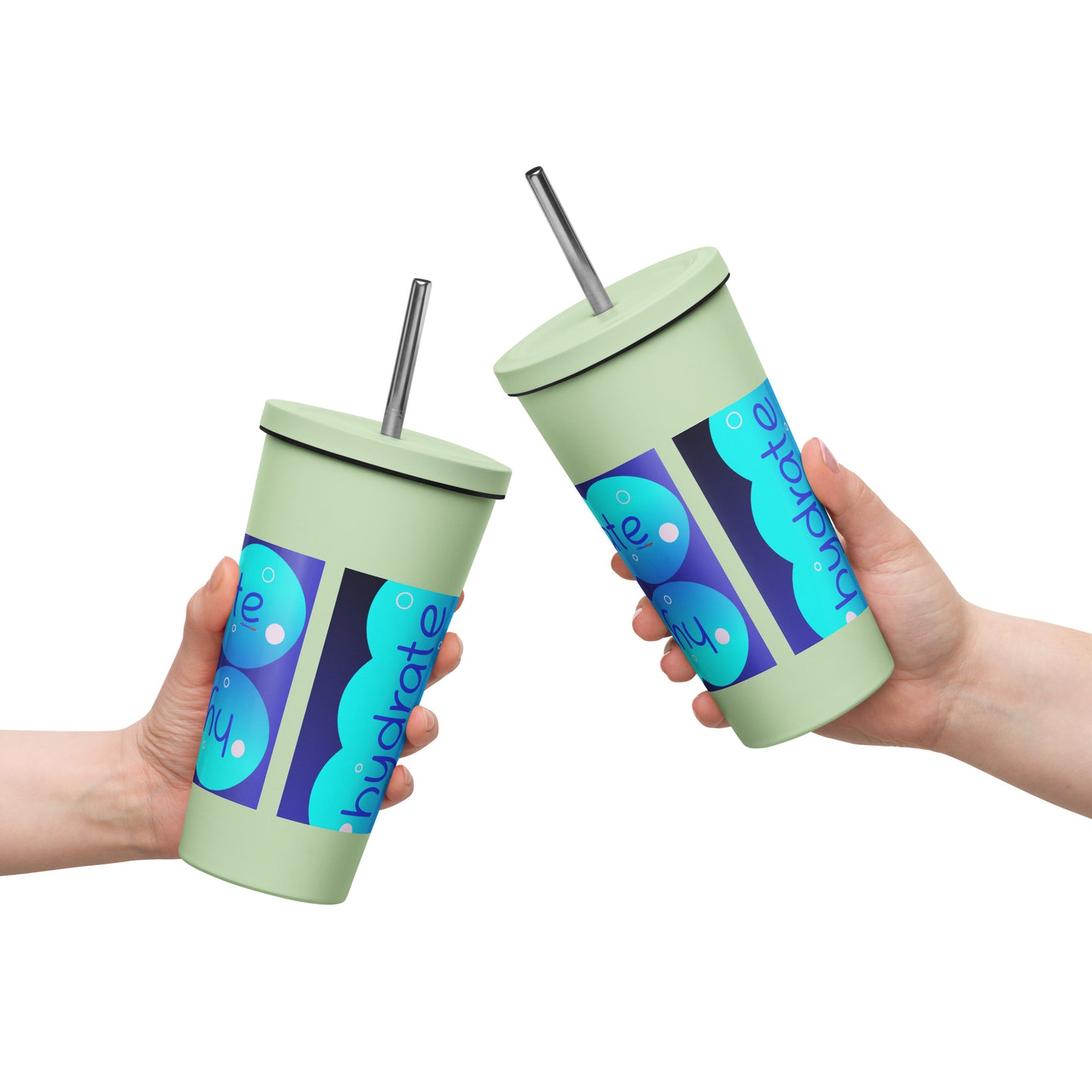 Elevated Cartoony HYDRATE, CALMNESS DESIGNS, Creative Designer's, Insulated tumbler with a straw