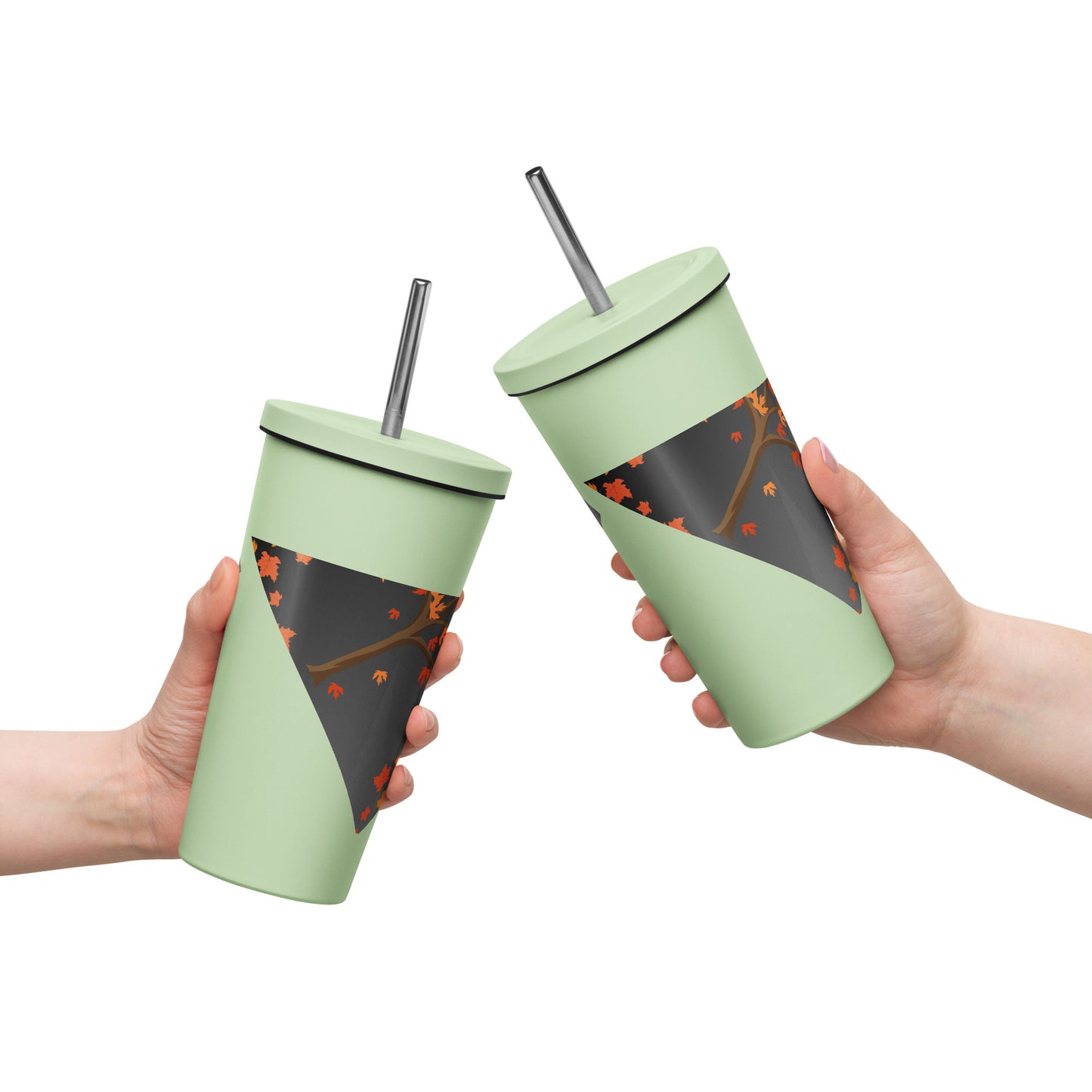 Autumn Stylized Tree with Falling Leaves, CALMNESS DESIGNS, Creative Designer's, Insulated tumbler with a straw