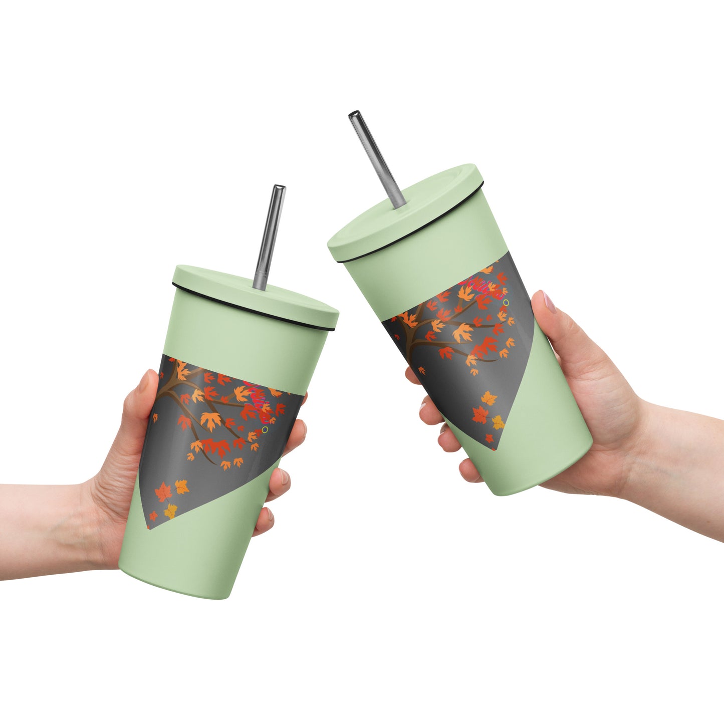 Autumn Stylized Tree with Falling Leaves, CALMNESS DESIGNS, Creative Designer's, Insulated tumbler with a straw
