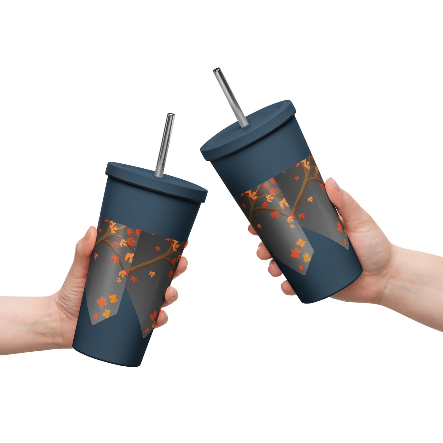 Autumn Stylized Tree with Falling Leaves, CALMNESS DESIGNS, Creative Designer's, Insulated tumbler with a straw