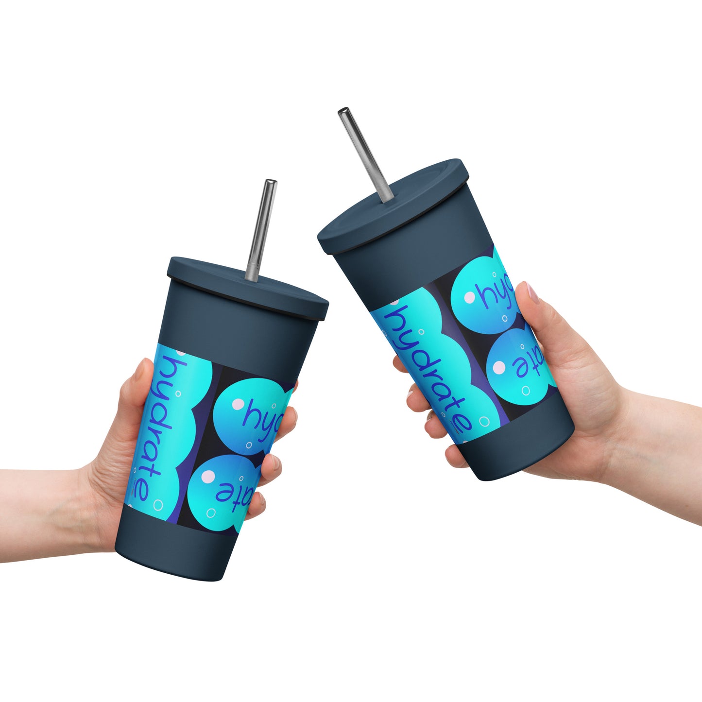 Elevated Cartoony HYDRATE, CALMNESS DESIGNS, Creative Designer's, Insulated tumbler with a straw