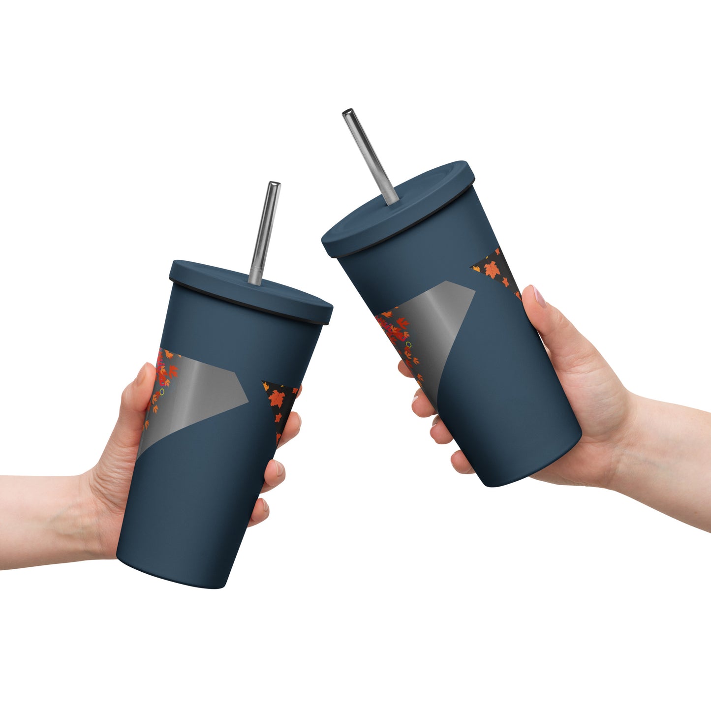 Autumn Stylized Tree with Falling Leaves, CALMNESS DESIGNS, Creative Designer's, Insulated tumbler with a straw