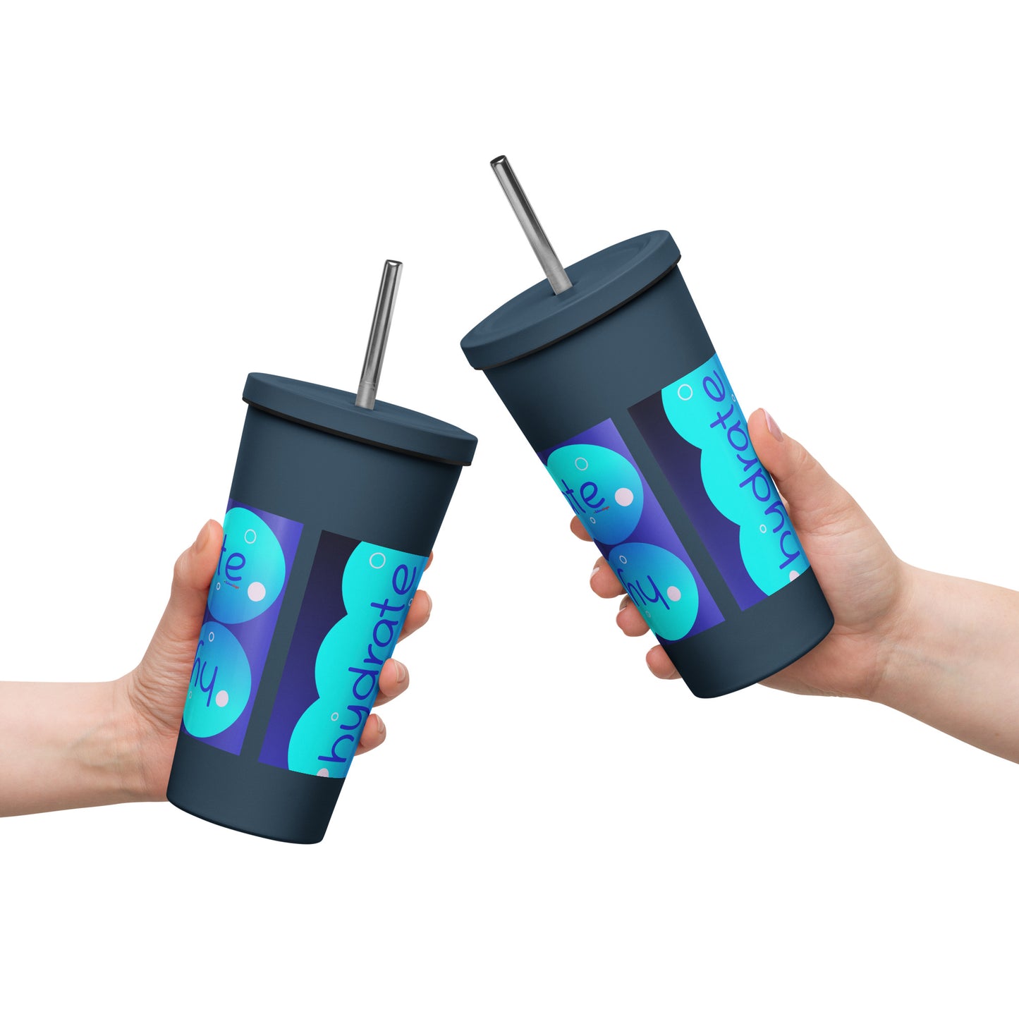 Elevated Cartoony HYDRATE, CALMNESS DESIGNS, Creative Designer's, Insulated tumbler with a straw