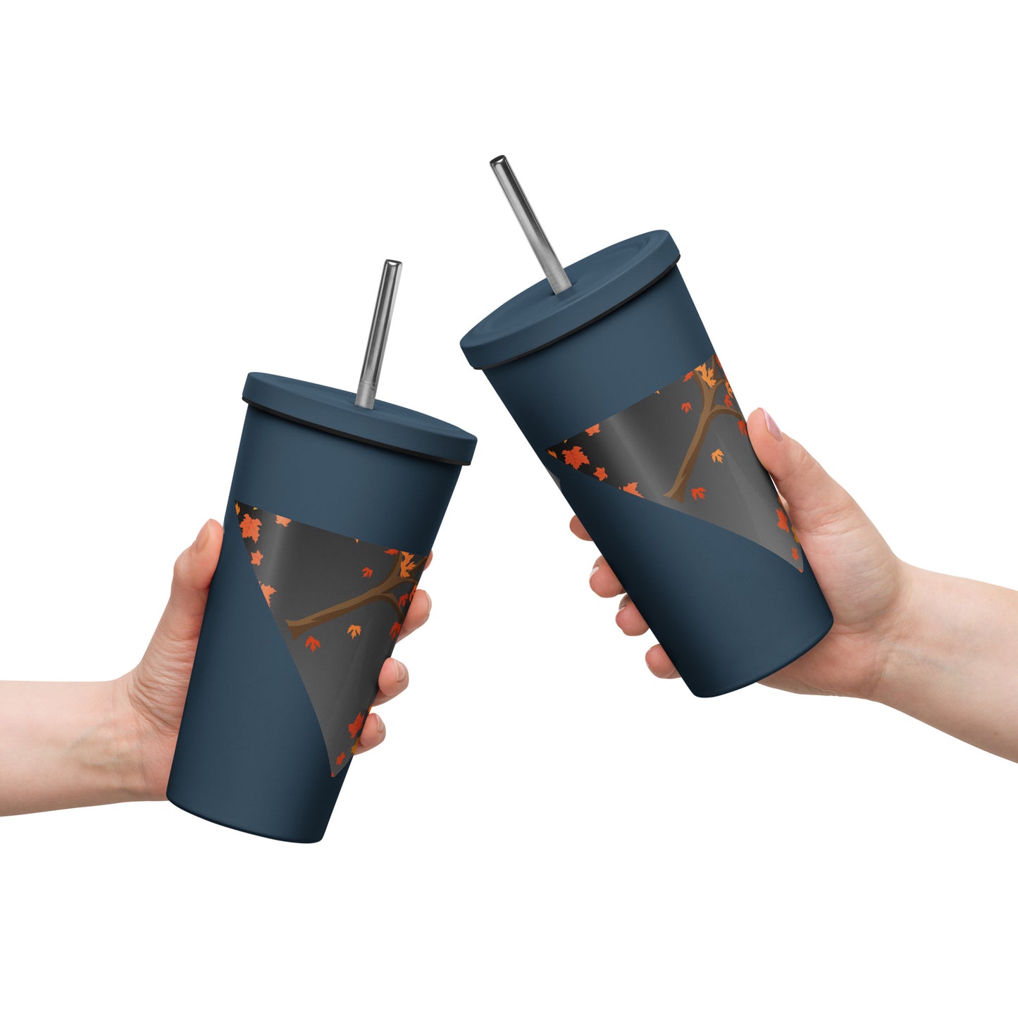 Autumn Stylized Tree with Falling Leaves, CALMNESS DESIGNS, Creative Designer's, Insulated tumbler with a straw