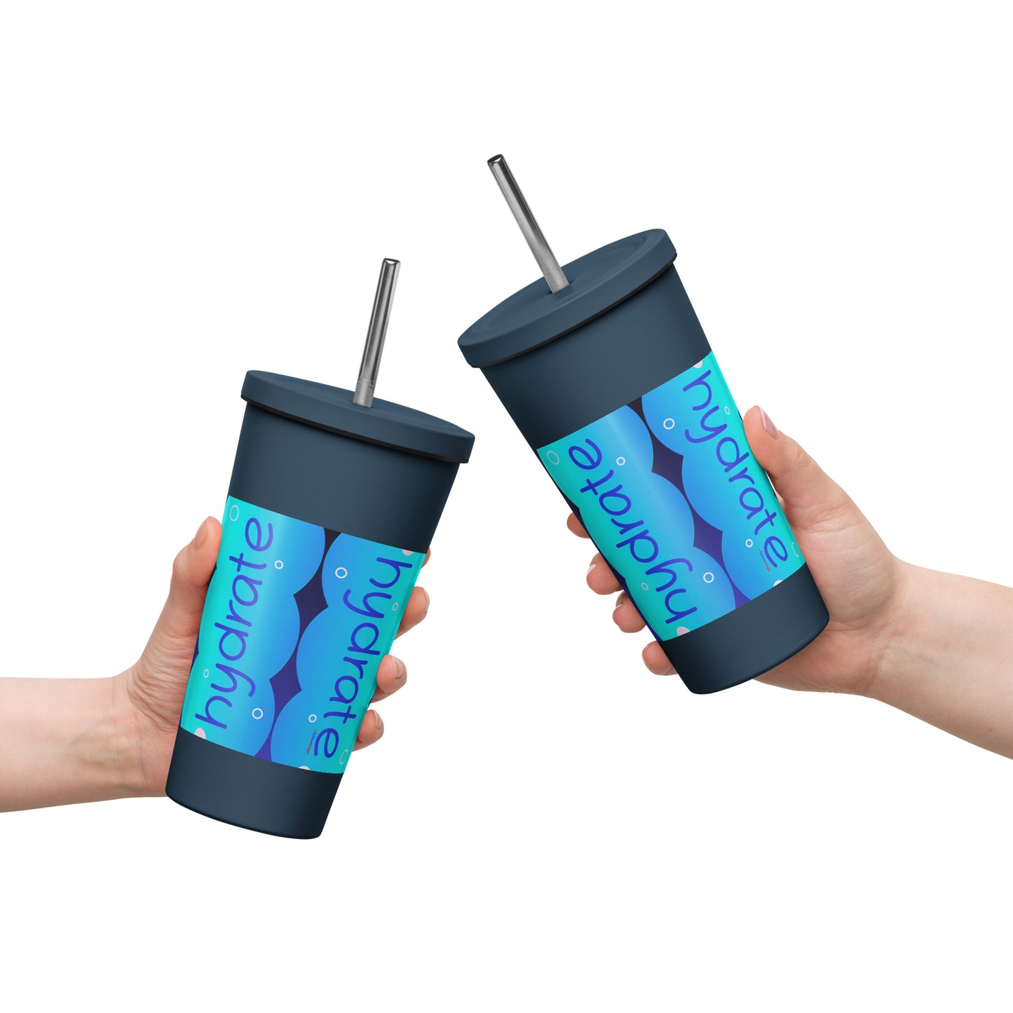 Elevated Cartoony HYDRATE, CALMNESS DESIGNS, Creative Designer's, Insulated tumbler with a straw
