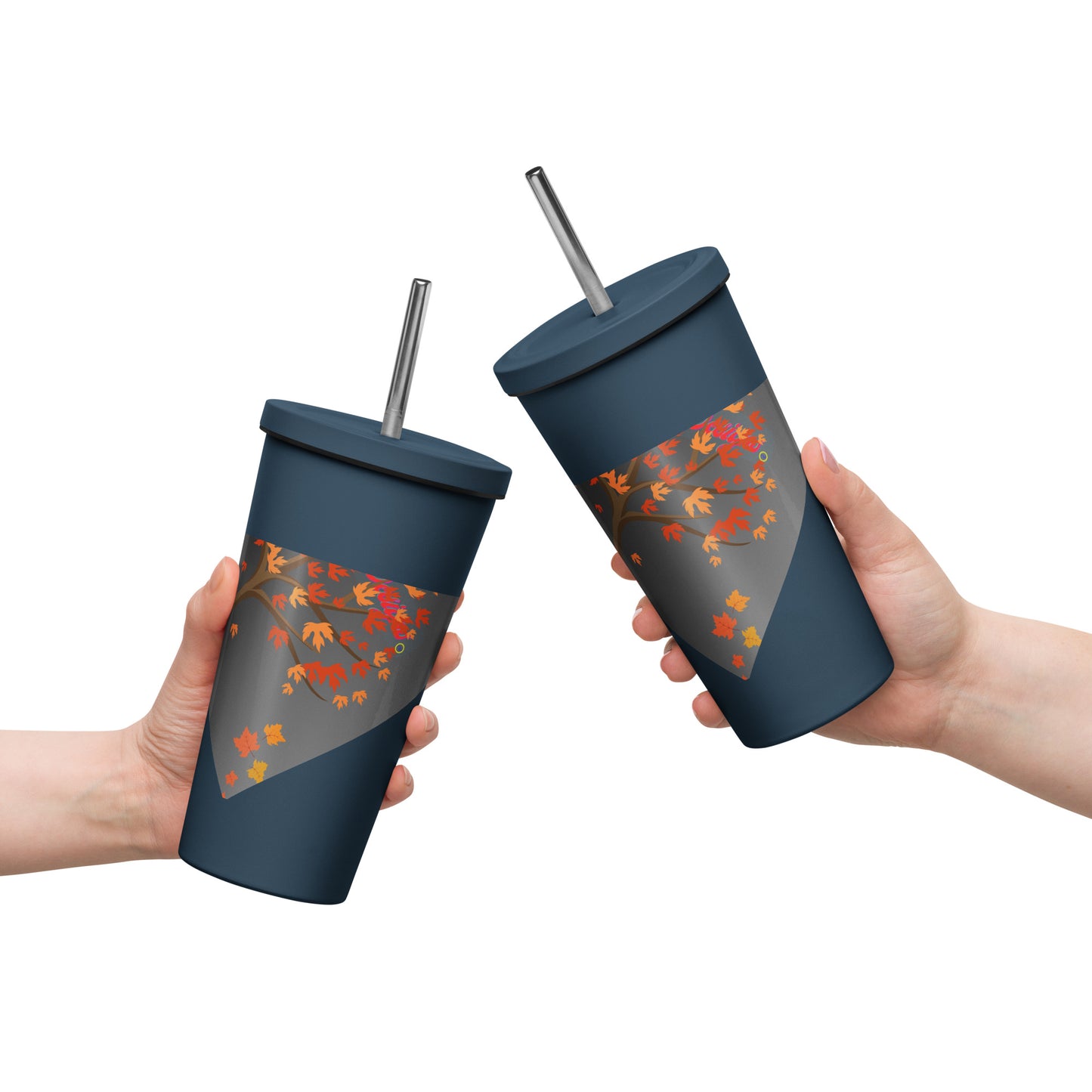 Autumn Stylized Tree with Falling Leaves, CALMNESS DESIGNS, Creative Designer's, Insulated tumbler with a straw
