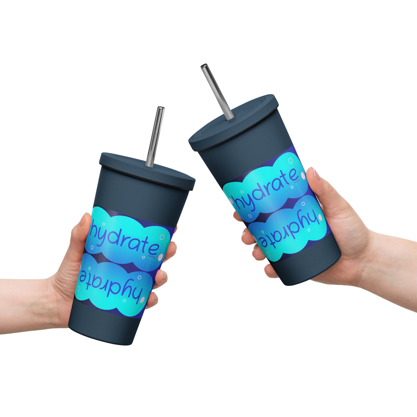 Elevated Cartoony HYDRATE, CALMNESS DESIGNS, Creative Designer's, Insulated tumbler with a straw