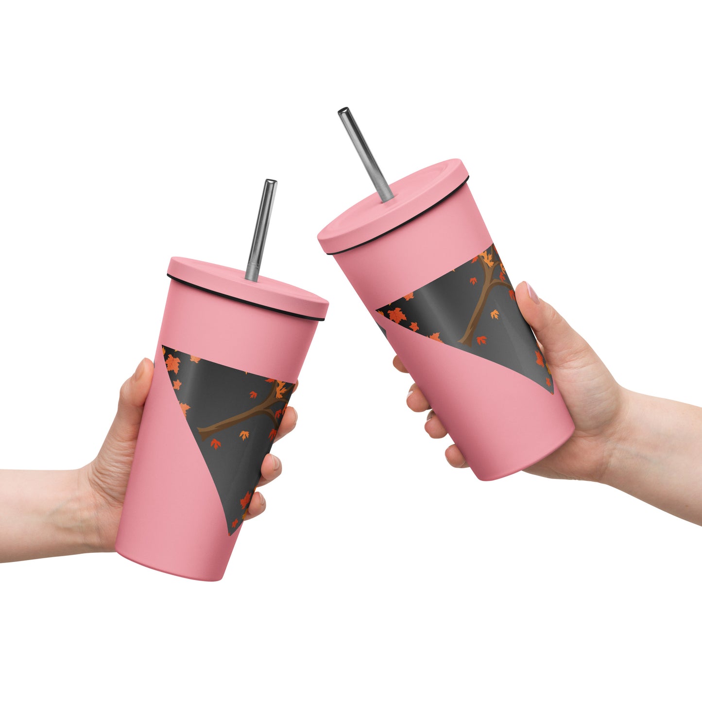 Autumn Stylized Tree with Falling Leaves, CALMNESS DESIGNS, Creative Designer's, Insulated tumbler with a straw