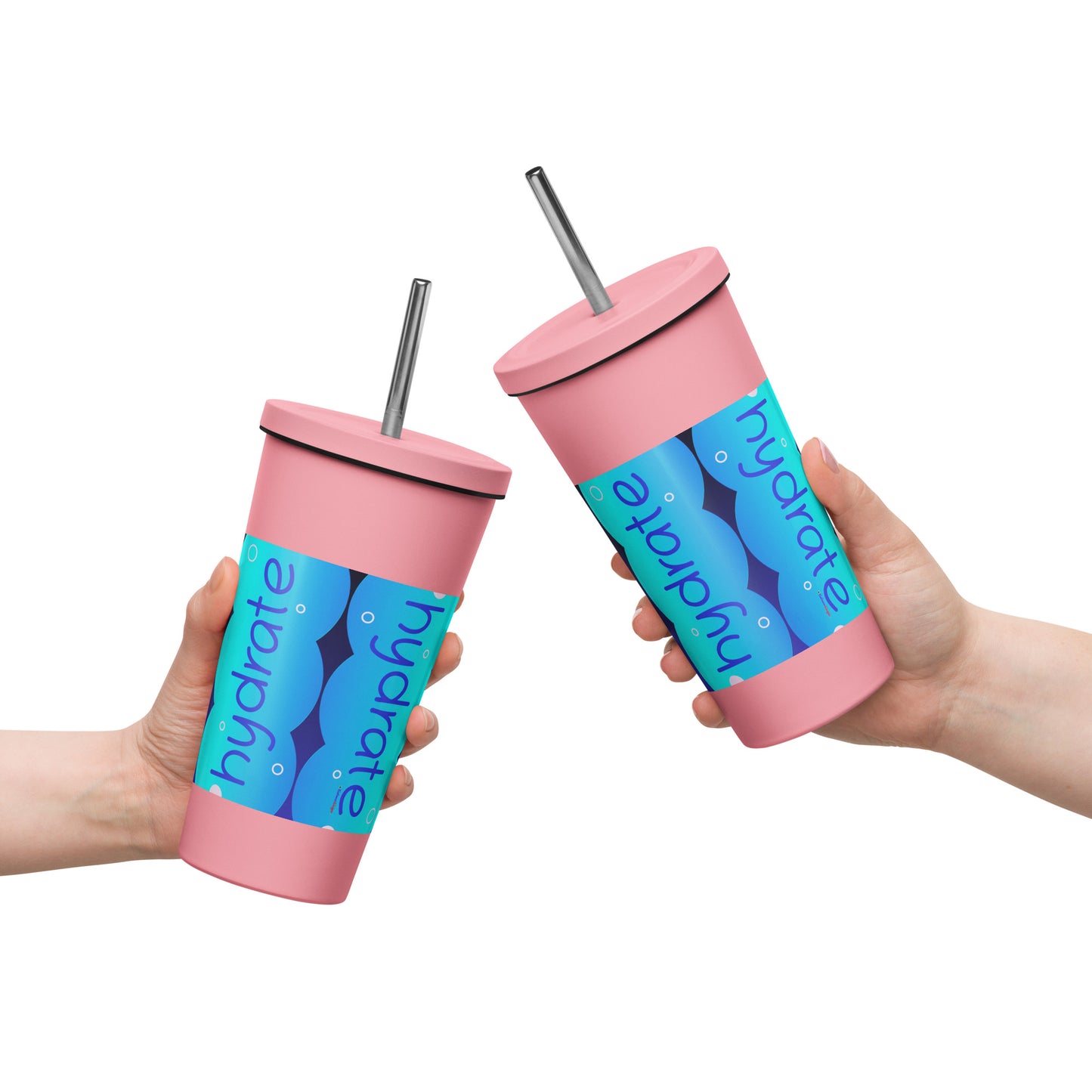 Elevated Cartoony HYDRATE, CALMNESS DESIGNS, Creative Designer's, Insulated tumbler with a straw
