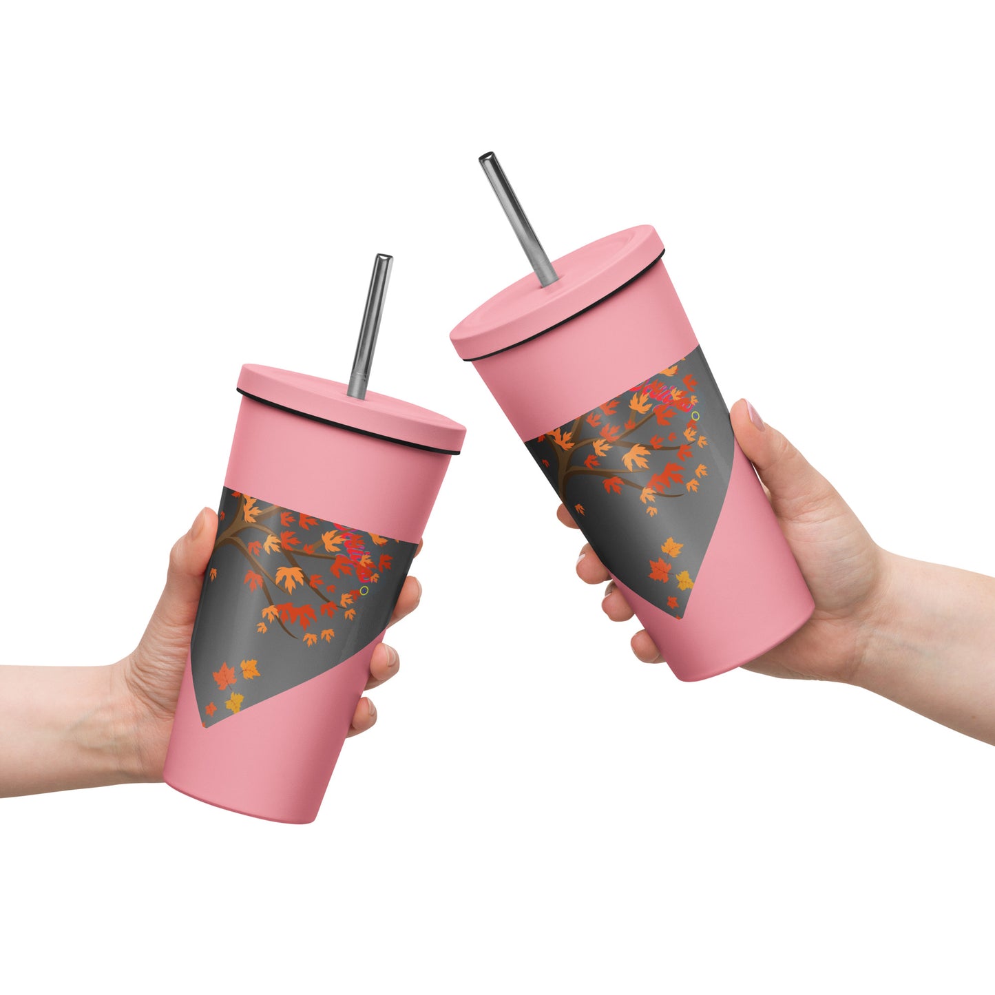 Autumn Stylized Tree with Falling Leaves, CALMNESS DESIGNS, Creative Designer's, Insulated tumbler with a straw