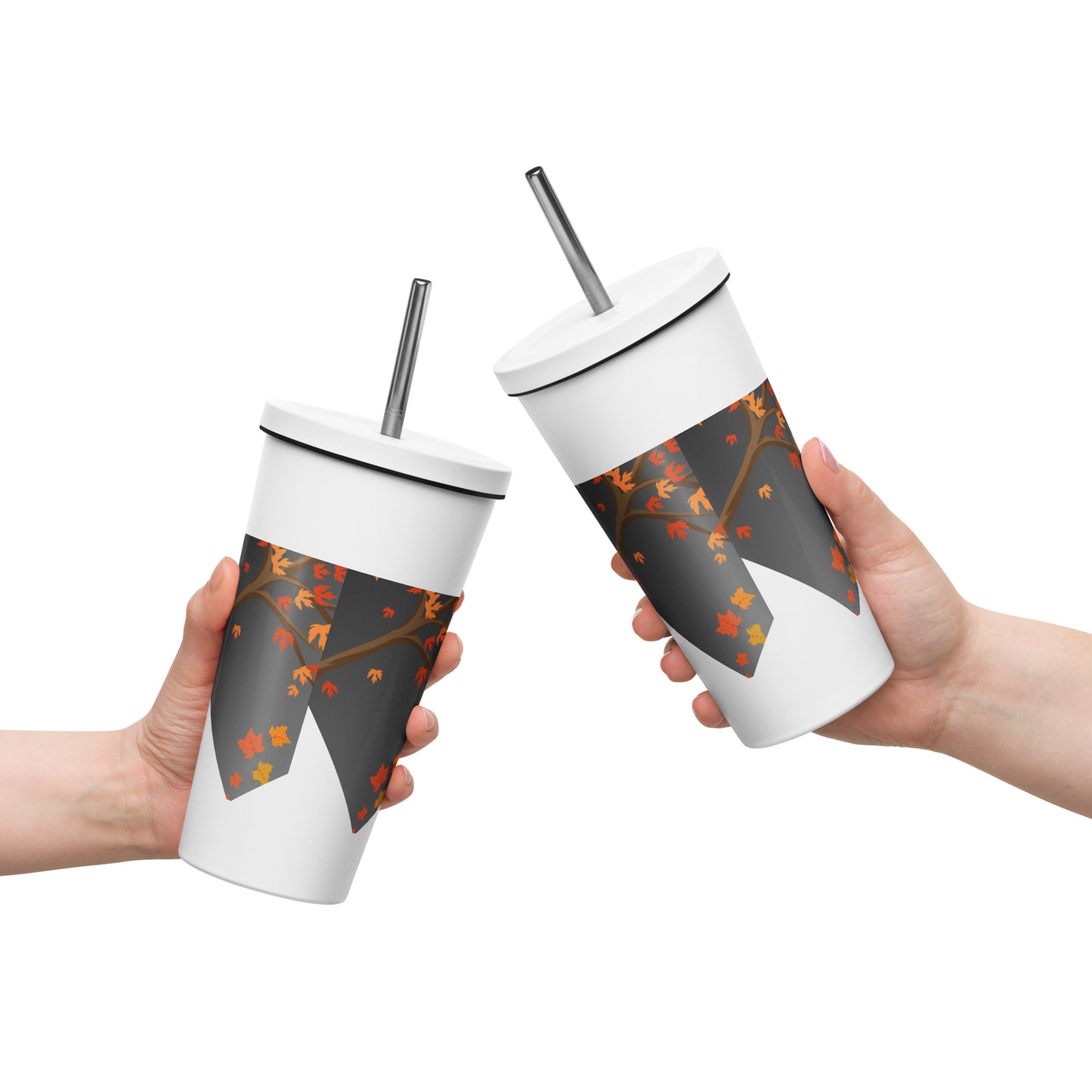 Autumn Stylized Tree with Falling Leaves, CALMNESS DESIGNS, Creative Designer's, Insulated tumbler with a straw