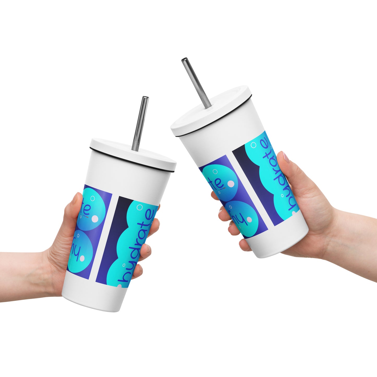 Elevated Cartoony HYDRATE, CALMNESS DESIGNS, Creative Designer's, Insulated tumbler with a straw