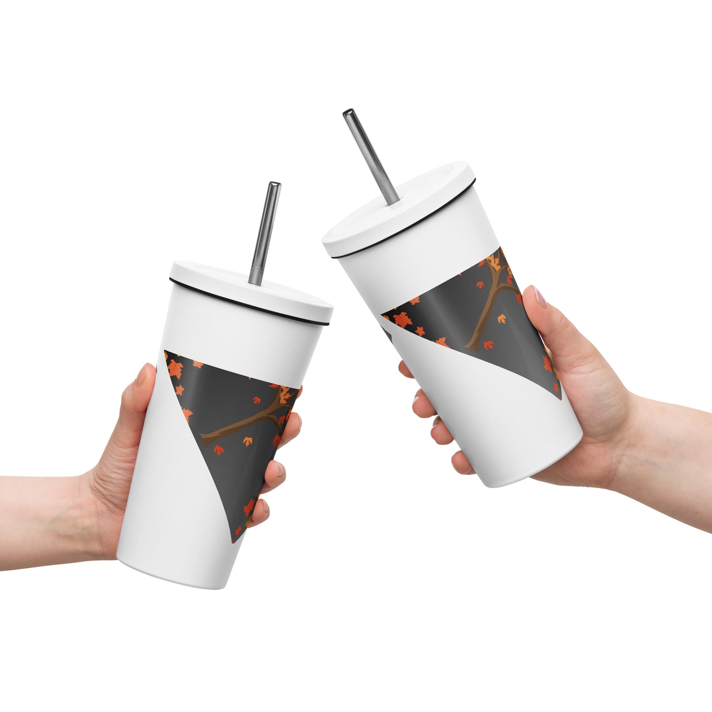 Autumn Stylized Tree with Falling Leaves, CALMNESS DESIGNS, Creative Designer's, Insulated tumbler with a straw