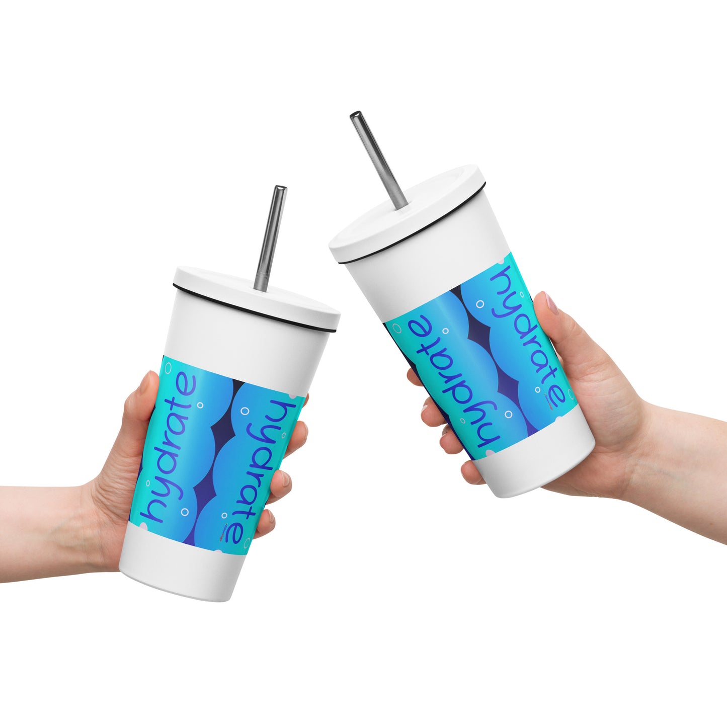 Elevated Cartoony HYDRATE, CALMNESS DESIGNS, Creative Designer's, Insulated tumbler with a straw
