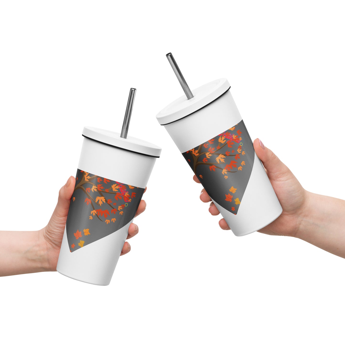 Autumn Stylized Tree with Falling Leaves, CALMNESS DESIGNS, Creative Designer's, Insulated tumbler with a straw