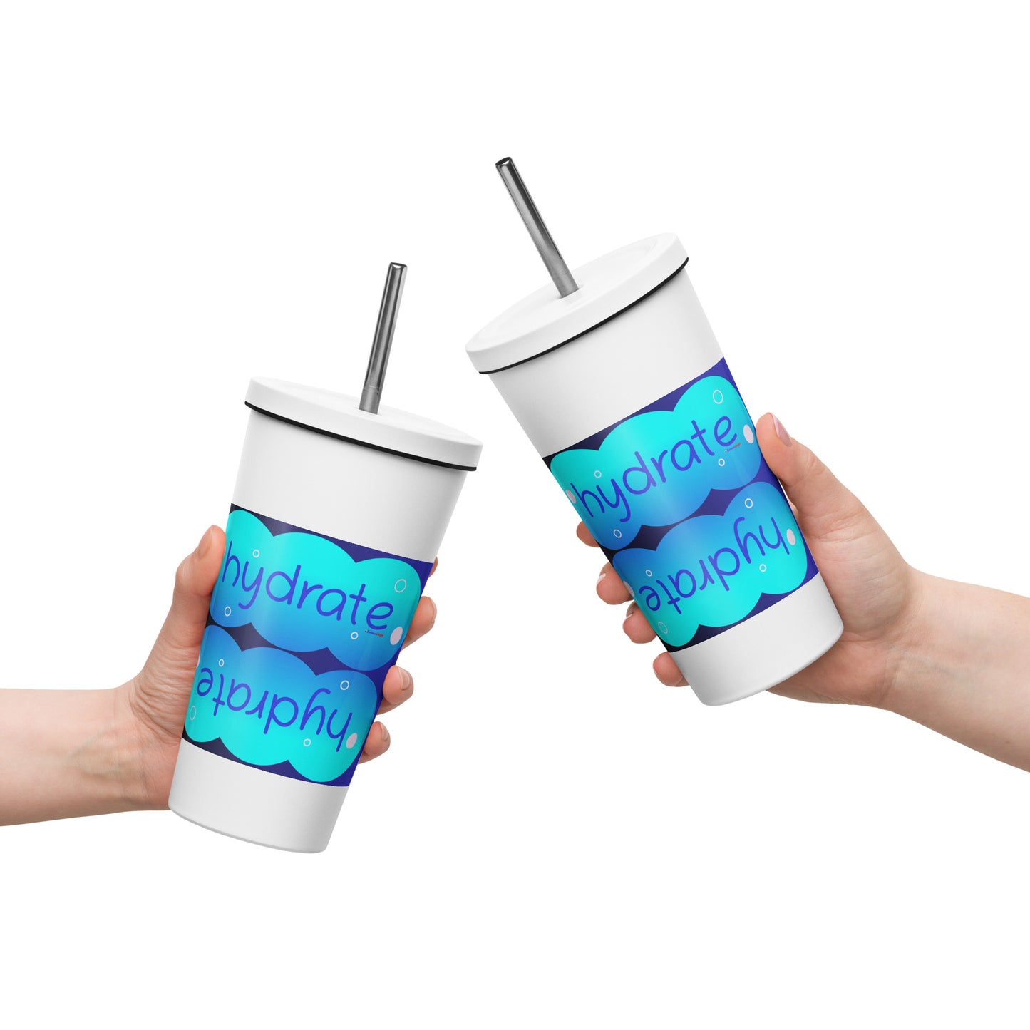 Elevated Cartoony HYDRATE, CALMNESS DESIGNS, Creative Designer's, Insulated tumbler with a straw