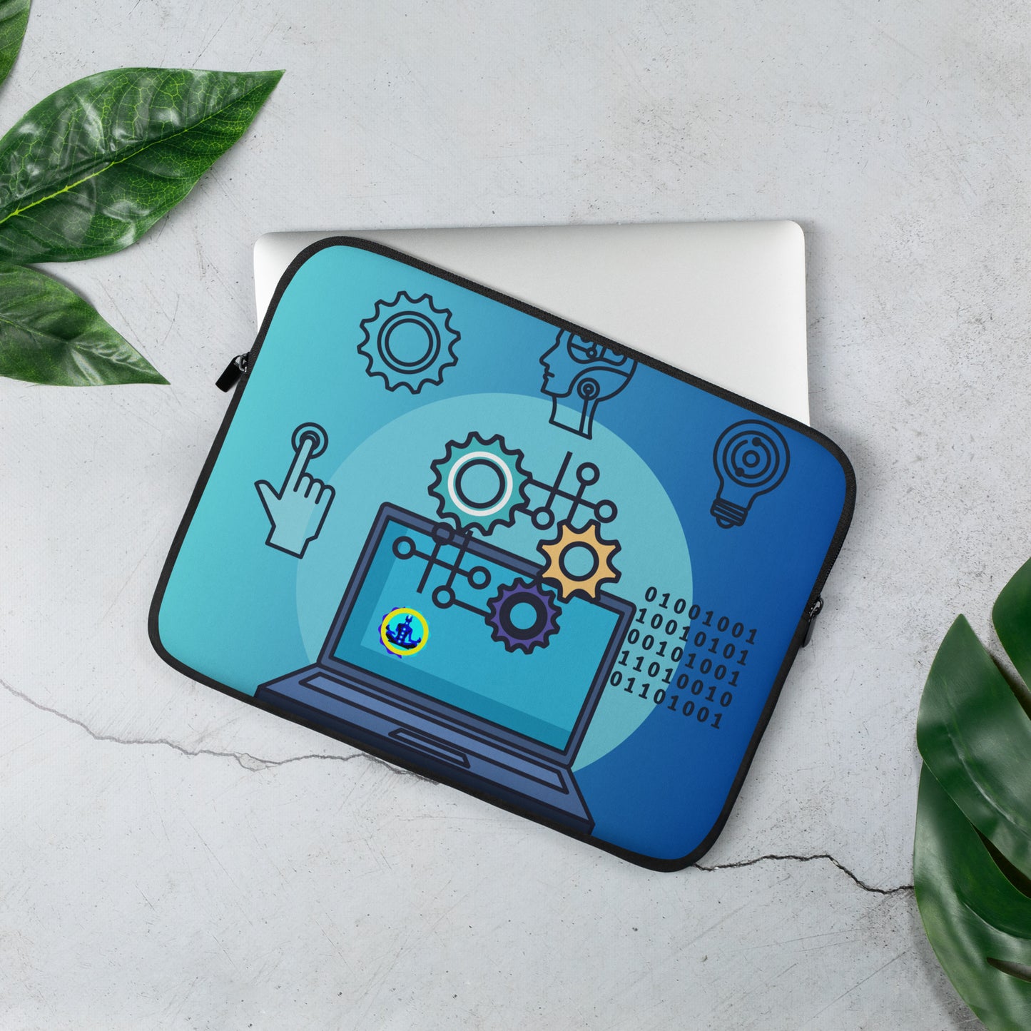Laptop with Artificial Intelligence, Head, Hand 1s and 0s, Nuts, Bolts, CALMNESS DESIGNS, Creative Designer's, Laptop Sleeve