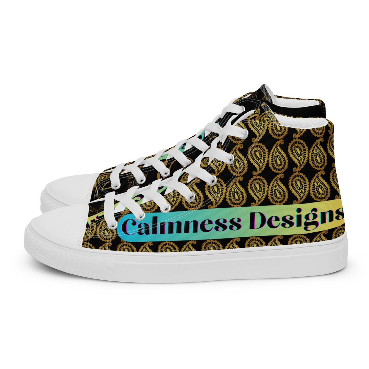 Frangipani Flower's Gold Line Art, Gold Paisley, Men’s high top canvas shoes