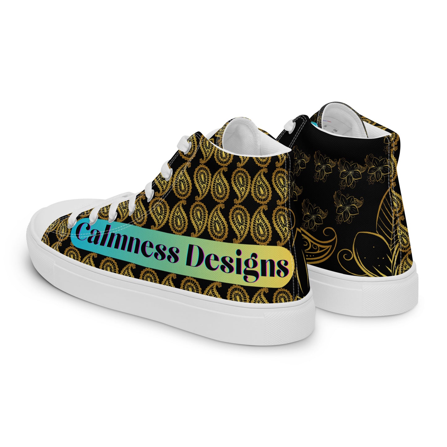 Frangipani Flower's Gold Line Art, Gold Paisley, Men’s high top canvas shoes