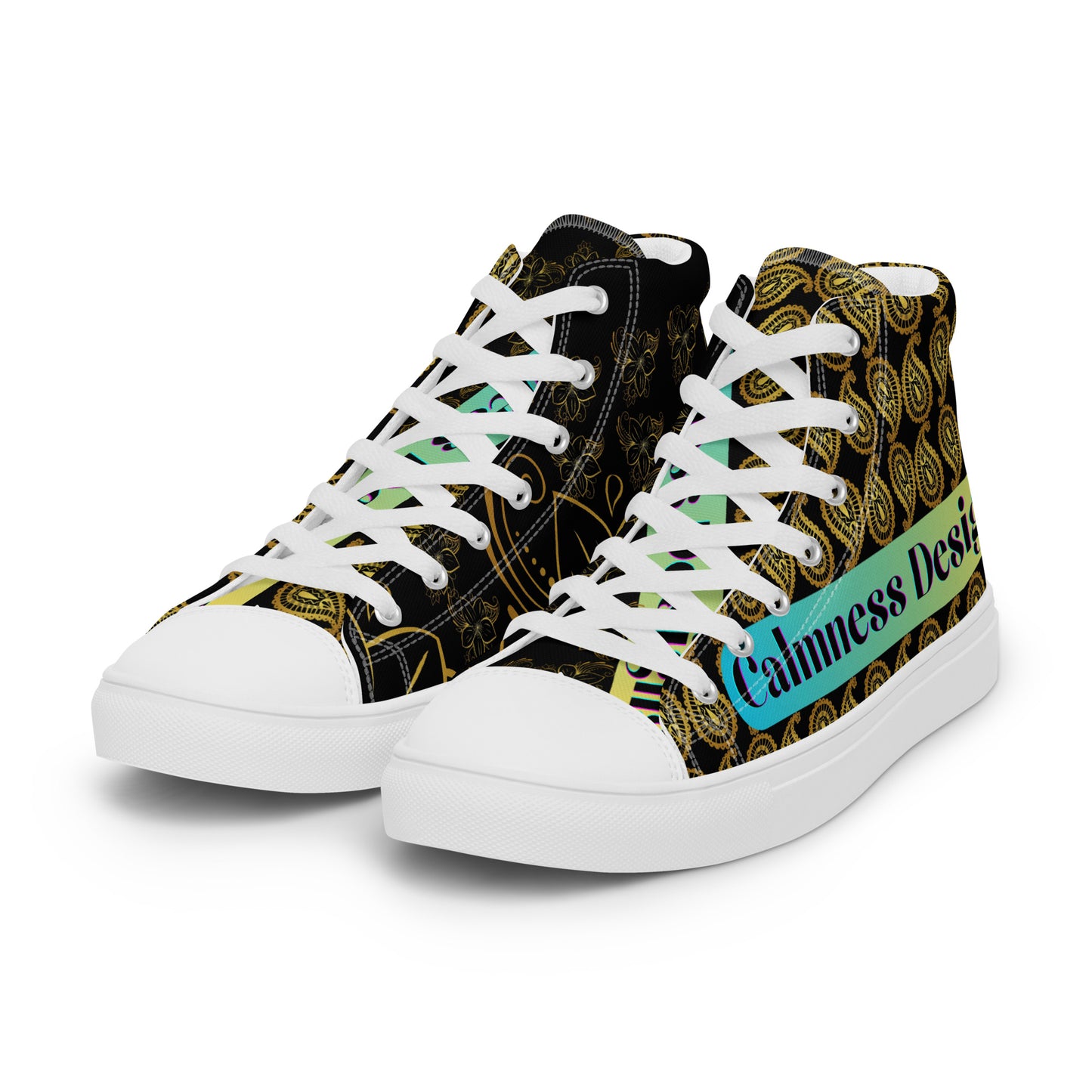 Frangipani Flower's Gold Line Art, Gold Paisley, Men’s high top canvas shoes