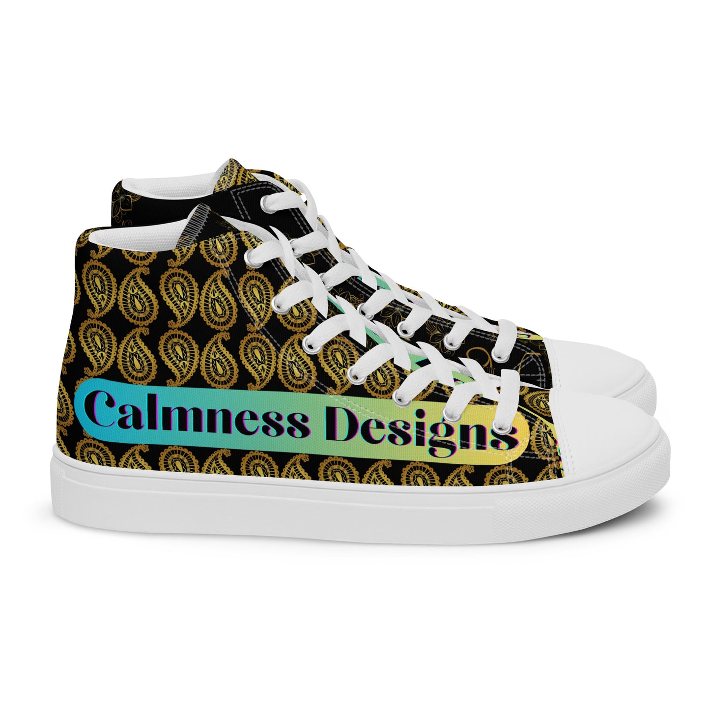 Frangipani Flower's Gold Line Art, Gold Paisley, Men’s high top canvas shoes