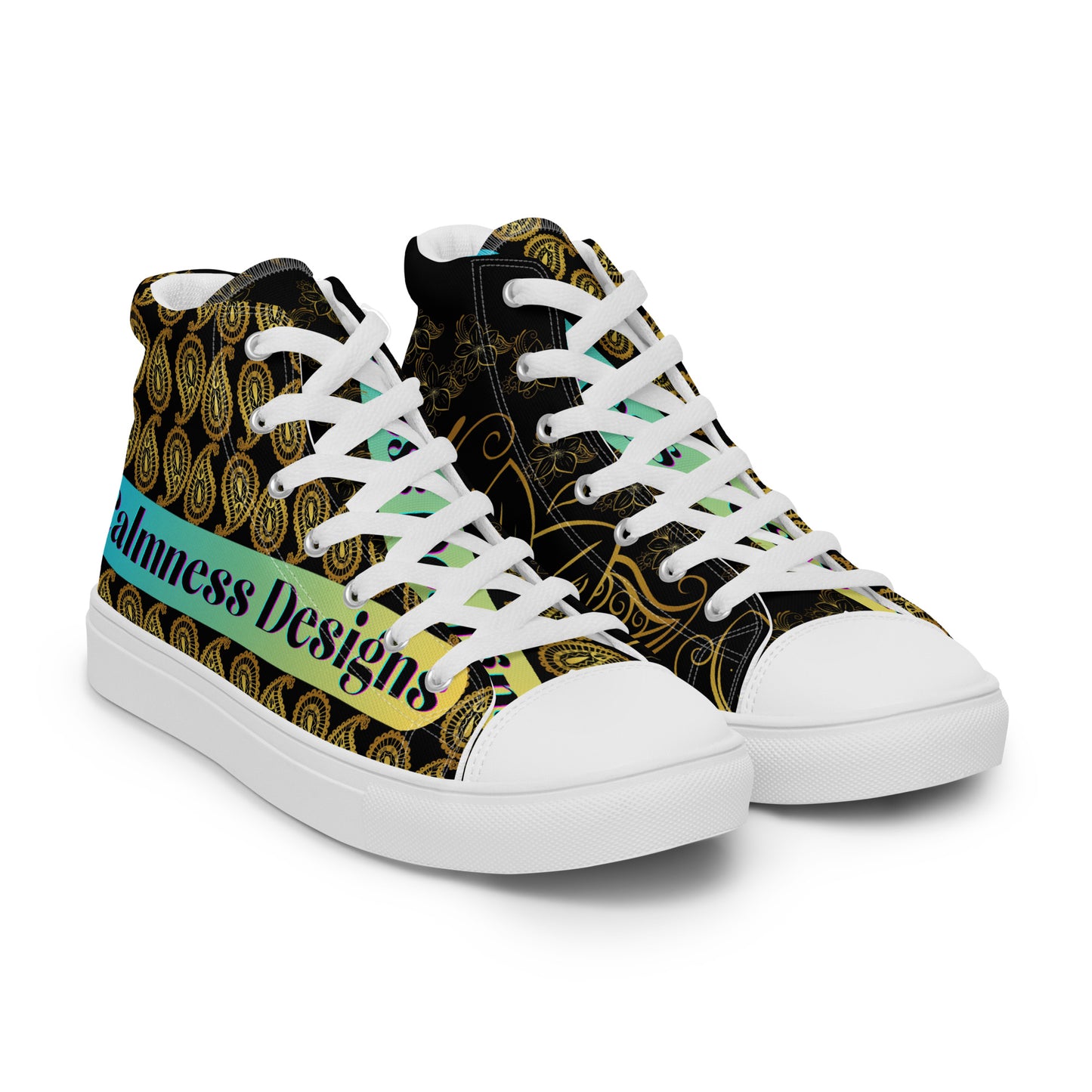 Frangipani Flower's Gold Line Art, Gold Paisley, Men’s high top canvas shoes