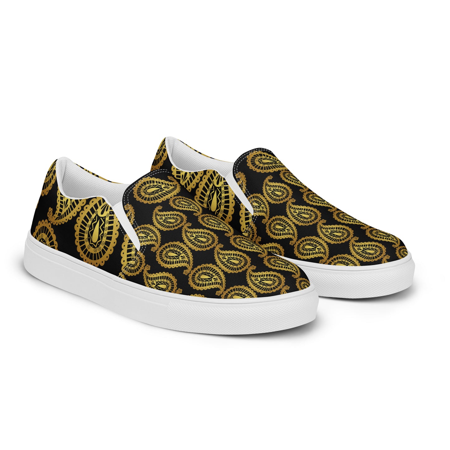 Gold Paisley, Calmness Designs, Men’s slip-on canvas shoes