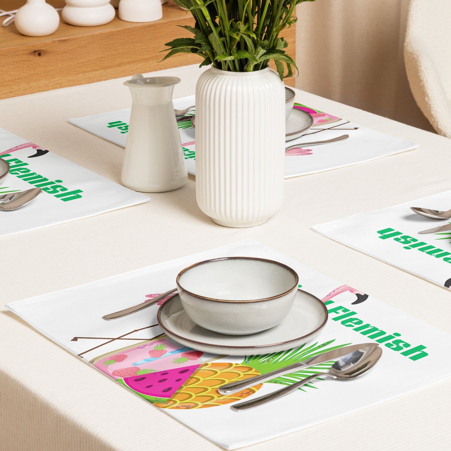 Tropical Flemish with Exotic Fruits and Smoothie, Flamingo, Pineapple, Watermelon, CALMNESS DESIGNS, Creative Designer's, Placemat Set