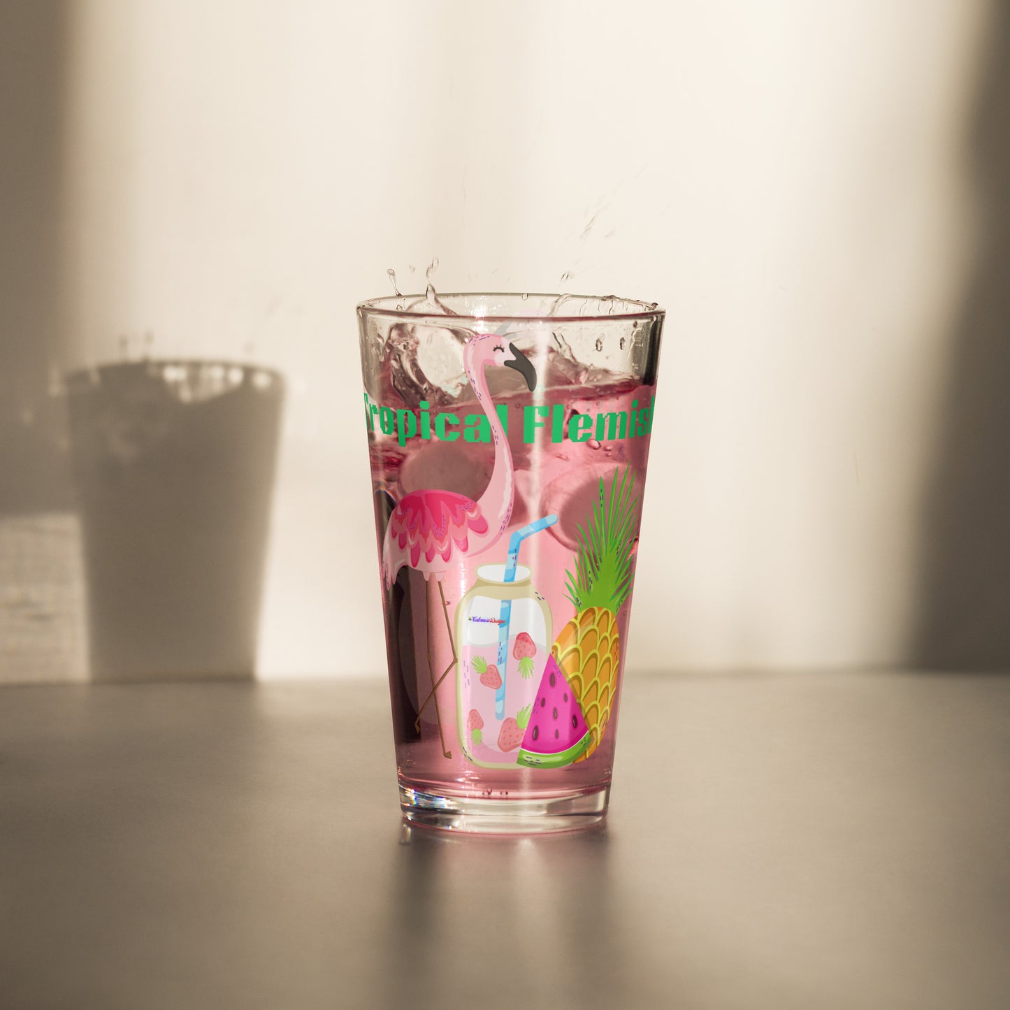 Tropical Flemish with Exotic Fruits and Smoothie, Flamingo, Pineapple, Watermelon, CALMNESS DESIGNS, Creative Designer's, Shaker pint glass