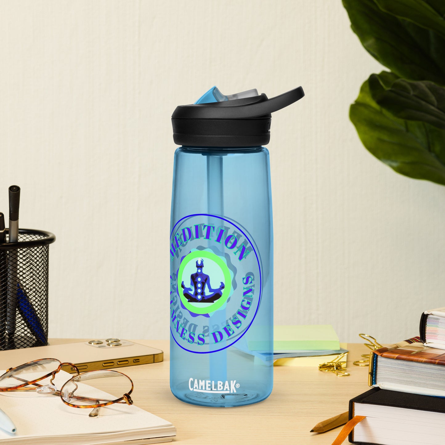 Retro Circle, MEDITION, CALMNESS DESIGNS LOGO, Creative Designer's, Sports water bottle