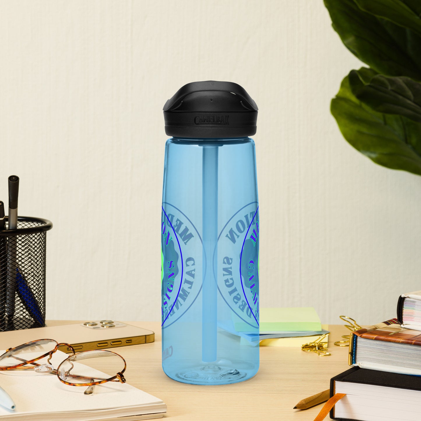 Retro Circle, MEDITION, CALMNESS DESIGNS LOGO, Creative Designer's, Sports water bottle