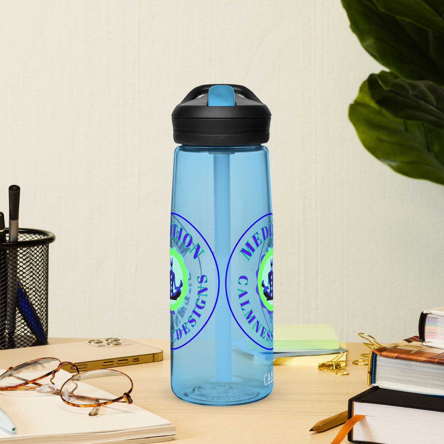 Retro Circle, MEDITION, CALMNESS DESIGNS LOGO, Creative Designer's, Sports water bottle