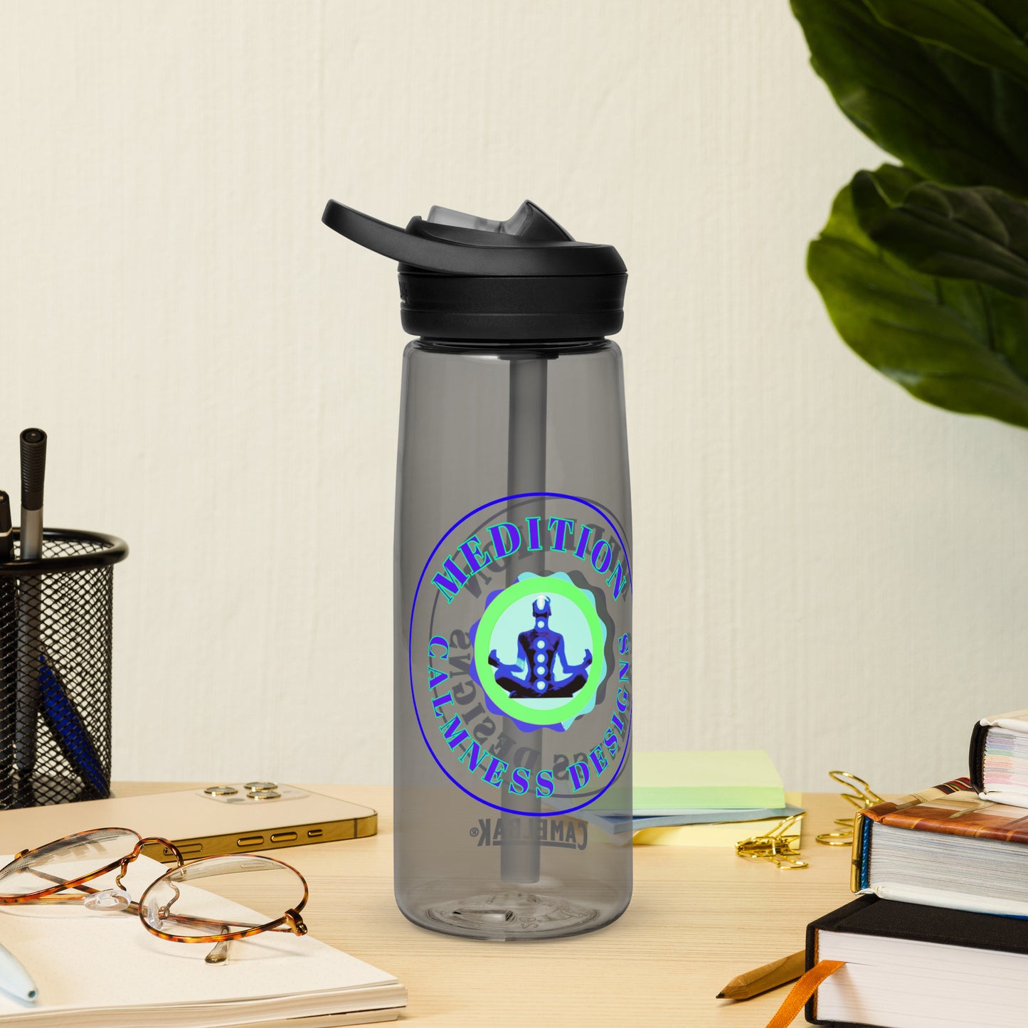 Retro Circle, MEDITION, CALMNESS DESIGNS LOGO, Creative Designer's, Sports water bottle