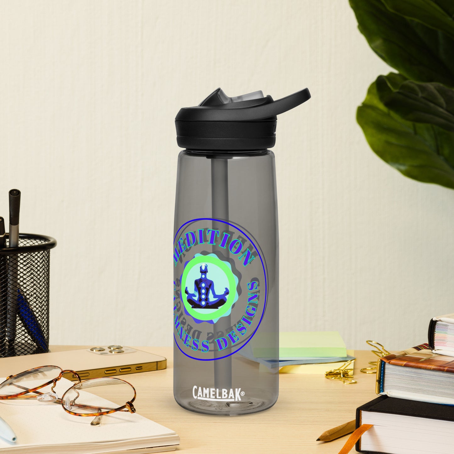 Retro Circle, MEDITION, CALMNESS DESIGNS LOGO, Creative Designer's, Sports water bottle