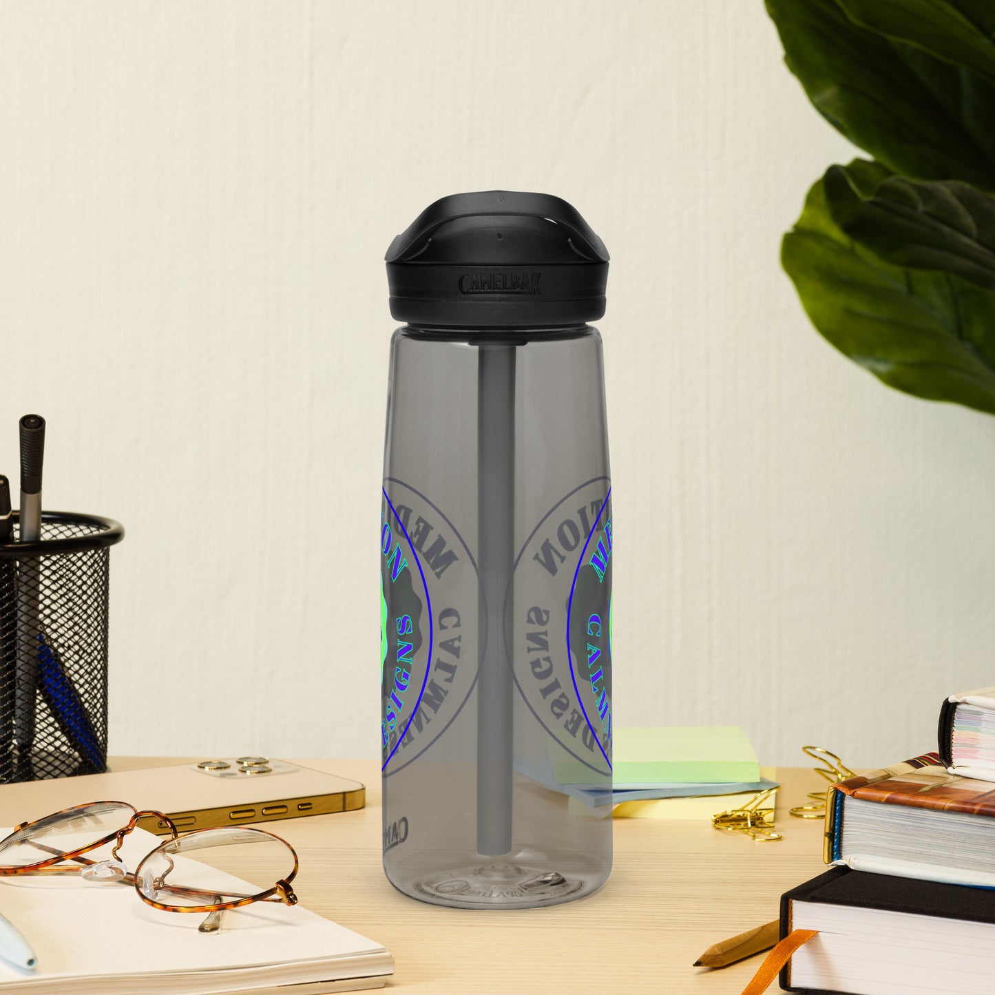 Retro Circle, MEDITION, CALMNESS DESIGNS LOGO, Creative Designer's, Sports water bottle