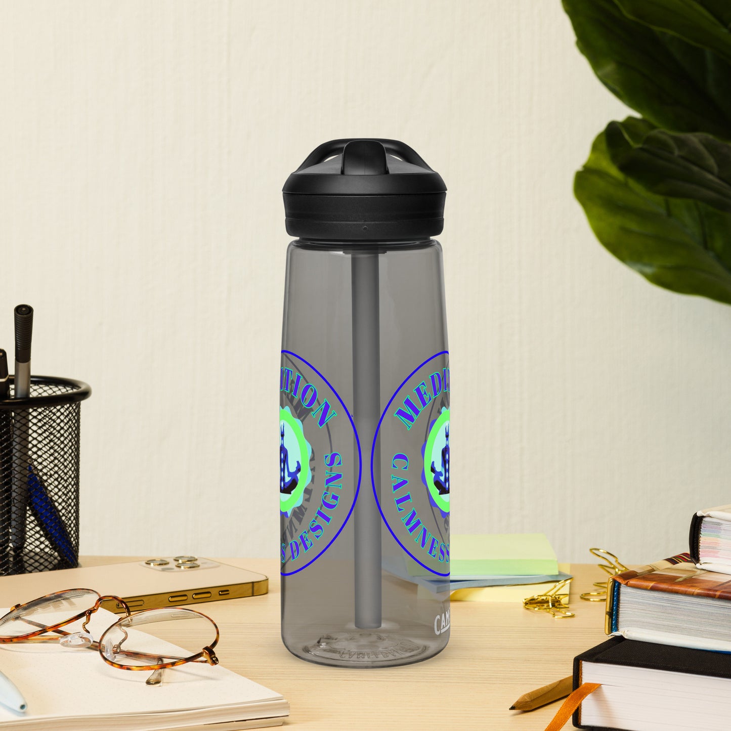 Retro Circle, MEDITION, CALMNESS DESIGNS LOGO, Creative Designer's, Sports water bottle