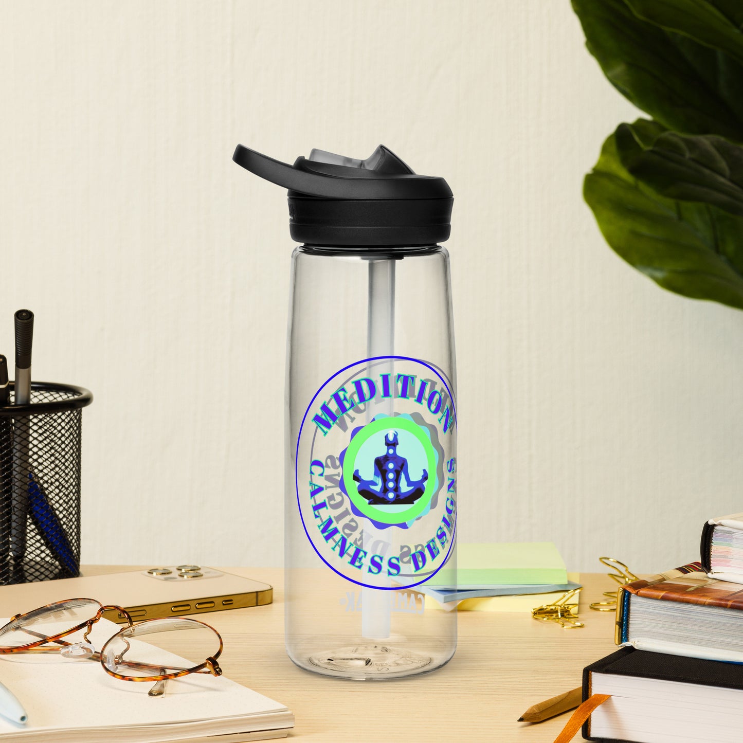 Retro Circle, MEDITION, CALMNESS DESIGNS LOGO, Creative Designer's, Sports water bottle