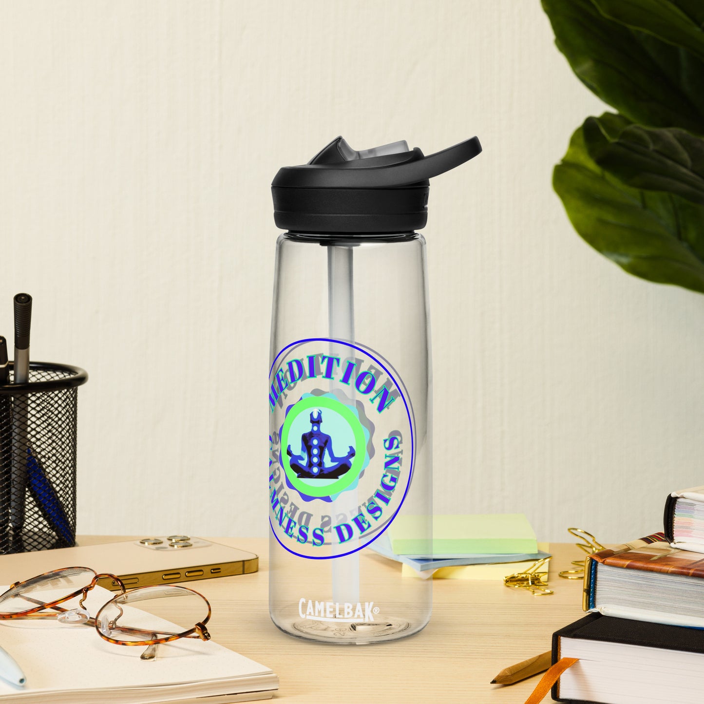 Retro Circle, MEDITION, CALMNESS DESIGNS LOGO, Creative Designer's, Sports water bottle