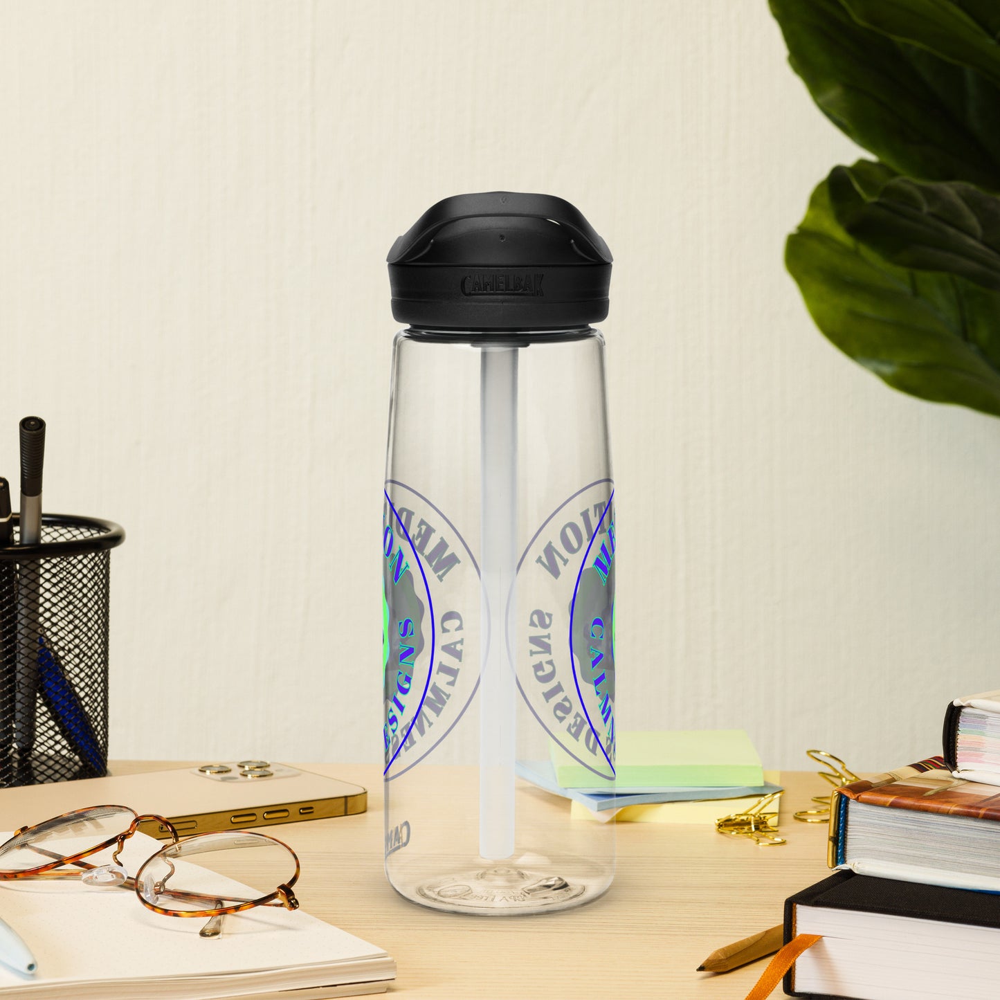 Retro Circle, MEDITION, CALMNESS DESIGNS LOGO, Creative Designer's, Sports water bottle