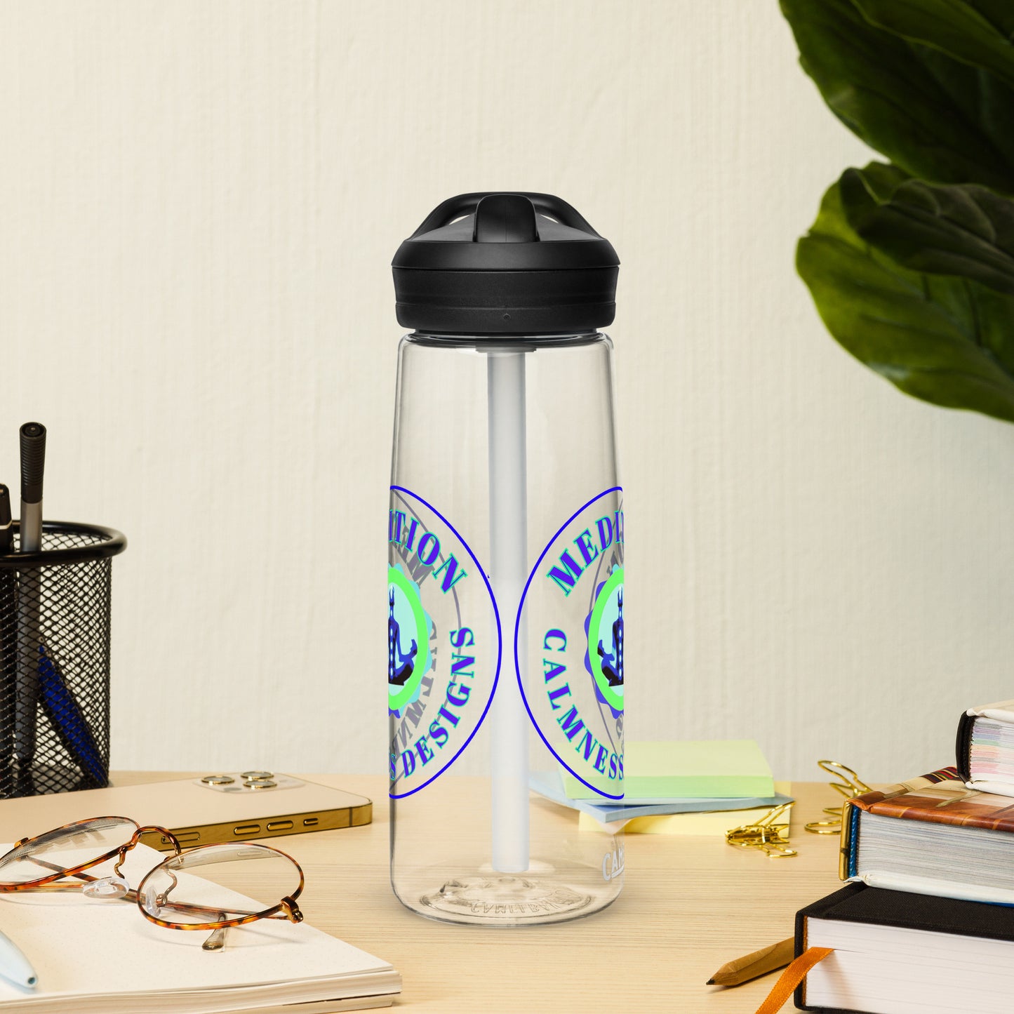 Retro Circle, MEDITION, CALMNESS DESIGNS LOGO, Creative Designer's, Sports water bottle
