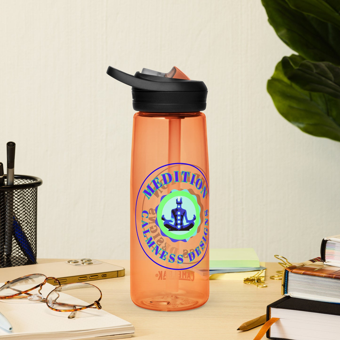 Retro Circle, MEDITION, CALMNESS DESIGNS LOGO, Creative Designer's, Sports water bottle