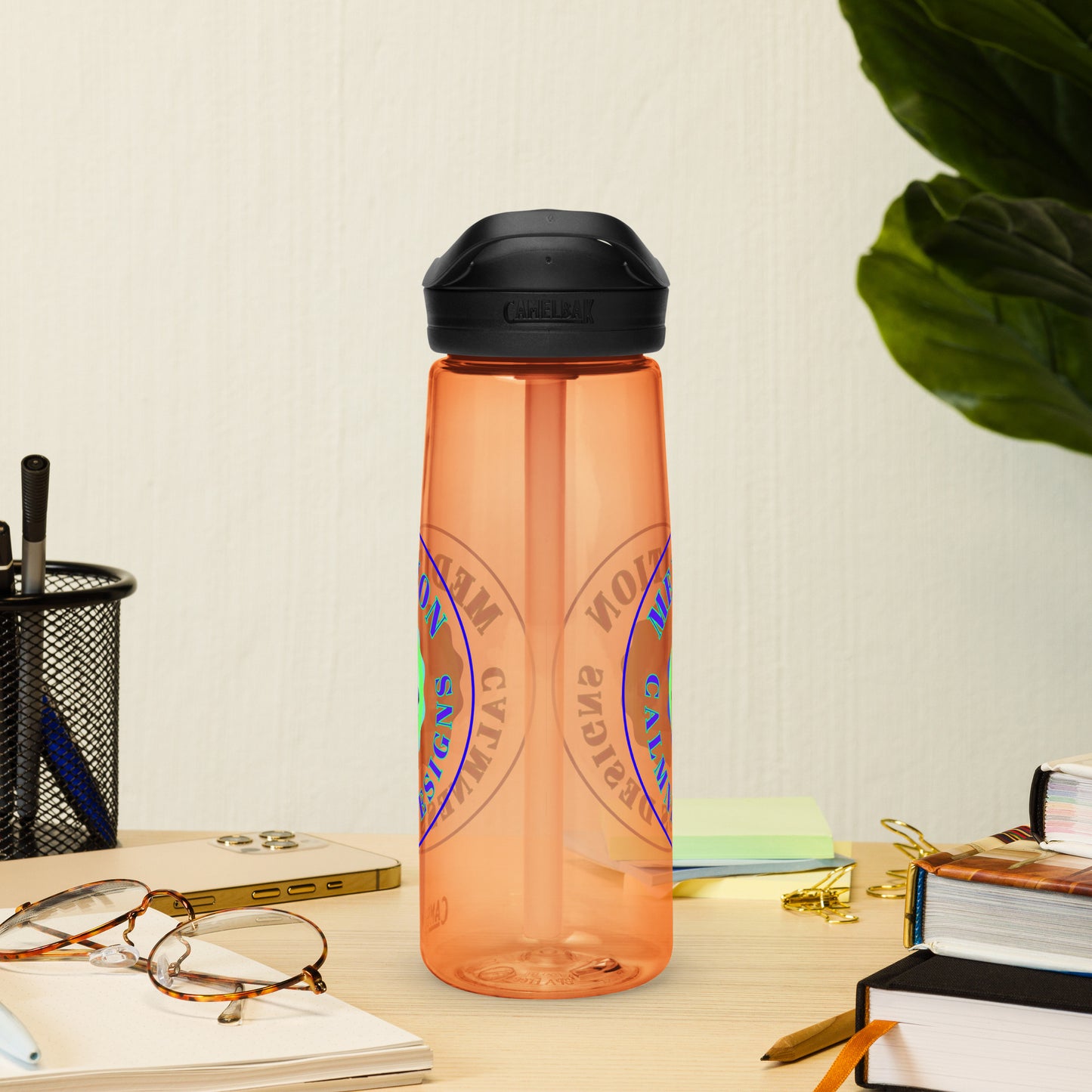 Retro Circle, MEDITION, CALMNESS DESIGNS LOGO, Creative Designer's, Sports water bottle