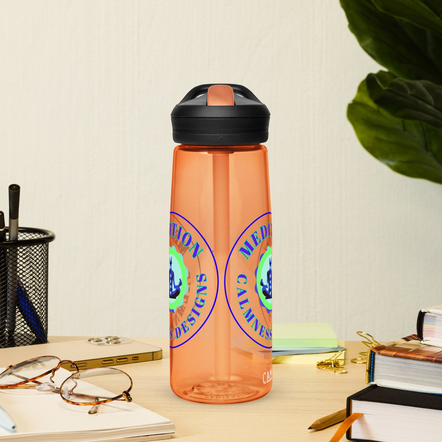 Retro Circle, MEDITION, CALMNESS DESIGNS LOGO, Creative Designer's, Sports water bottle