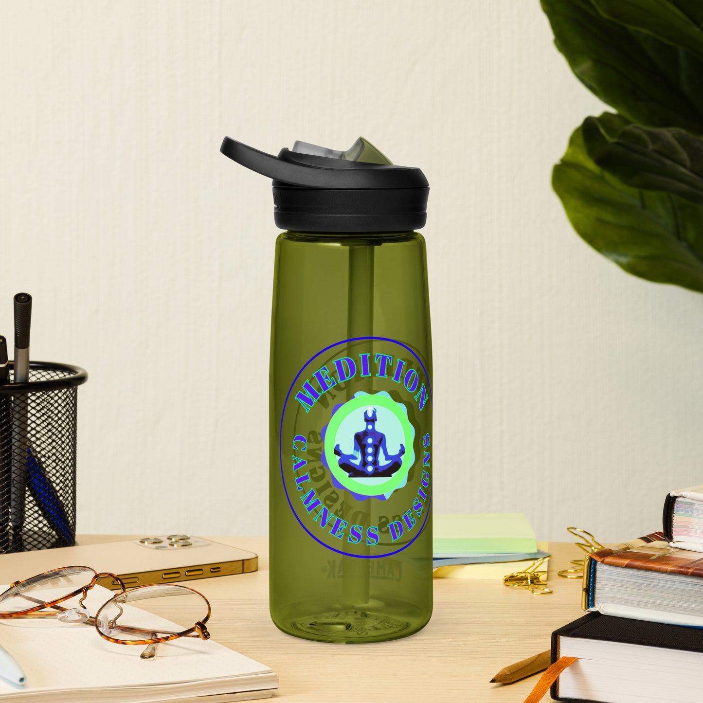 Retro Circle, MEDITION, CALMNESS DESIGNS LOGO, Creative Designer's, Sports water bottle